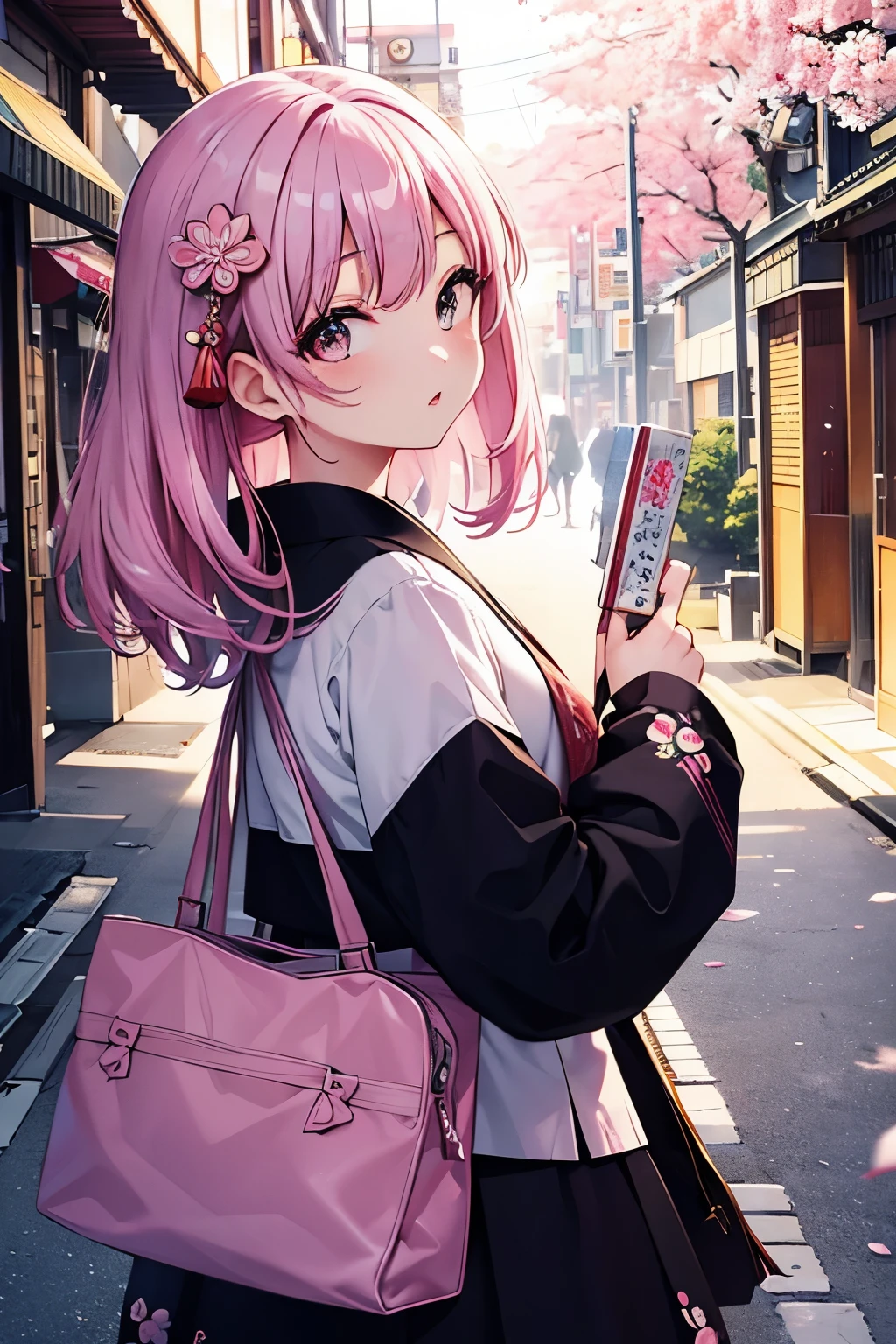 best image quality、1 girl、Tokyo Harajuku with a complex structure composed of ukiyo-e prints、Cherry Blossom