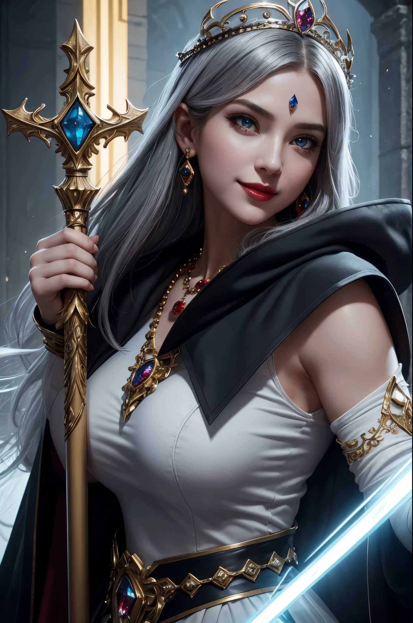 8k,Cute chubby body,Very large breasts,Grey medium bob hair,Baby Face,Close-up of a pretty person in a white goddess costume holding a sacred staff, Cute Fantasy Empress, ((Cute Fantasy Empress)), glamorous.Very detailed, Very detailed , Up to the model | Types of bacteria, Trending on cgstation, Art Station, Gorgeous black cloak,Ultra-high resolution,Ultra-Realistic Skin,Cute expression,Fantasy art,Laughter(Like the real thing),Straight hair,Golden Eyes,Red Gem Earrings,Blue gemstone necklace,Luxury White Gauntlets,Red lipstick,Red eyeshadow,Goddess Makeup,Battle Scenes,Action Scenes,Fighting Pose,masterpiece,Photorealistic RAW photos of the highest quality。Bright colors,Rich colors, Backlight, Cinema Lighting, Film Grain, 50mm lens, Nikon D850,Beautiful expression,Fantasy art,Character Art,View your viewers,Top view,smile,thin body type,Gray hair Medium bob hair,White and gold robe,Young girl,Pure white medium bob hair,Accentuate your cleavage,