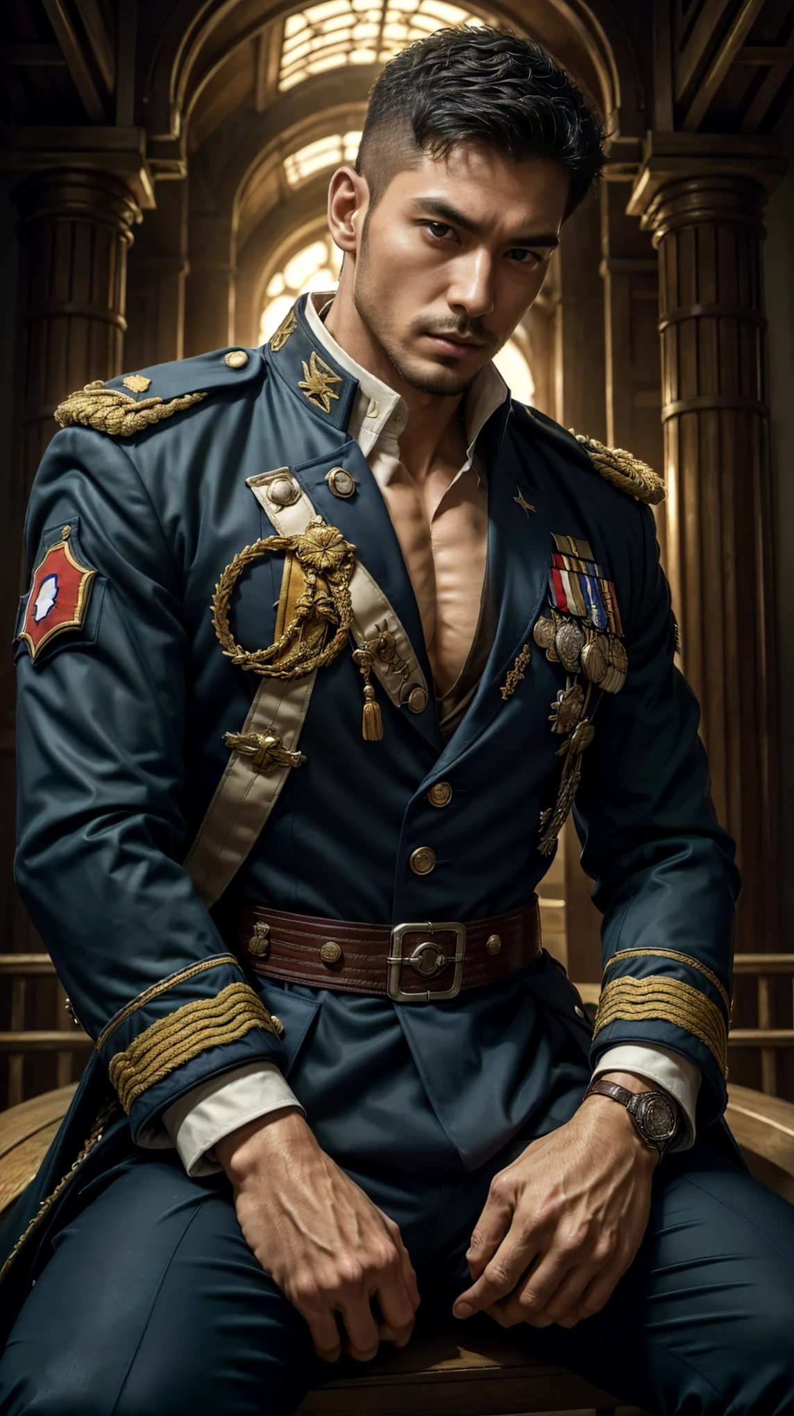 (Best quality at best,フォトリアリスティック),(Dark,feels) Young person, One guy,detailed black eyes, French-German man in uniform standing in front of building, in full military garb, in a soldier uniform, Inspired by Zhang Sengyao, in a soldier uniform, Court Costume Akira, in a soldier uniform, Imperial team, in a soldier uniform, Wearing imperial equipment, Wearing a soldier's uniform, Inspired by Oka Yasuyu, Italian man wearing old samurai uniform，，。Dark skin., （（Very relaxed and lazy look！））, （（Unintentionally exposing chest muscles））Handsome male, Handsome chad chin, Handsome and attractive, Handsome and elegant, Handsome man, Sexy masculine, masculine and Handsome, , Handsome, Attractive posing, attractive male, Attractive man,40-year-old man！Lift your little head，Kominan wearing an army coat（closeup portrait！)）showing off his hairy pecs。（Show hairy chest muscles），），(Use a short beard collar），Wear a military uniform and wear one without buttons！Show hairy chest muscles），)，(Use a short beard collar，）headspace！Charming and serious look，（Handsome男人，sitting down，poorly dressed，Perfect body anatomy，Beautiful man face detail，perfect foot，perfect hand！Ultra-low angle shooting！！