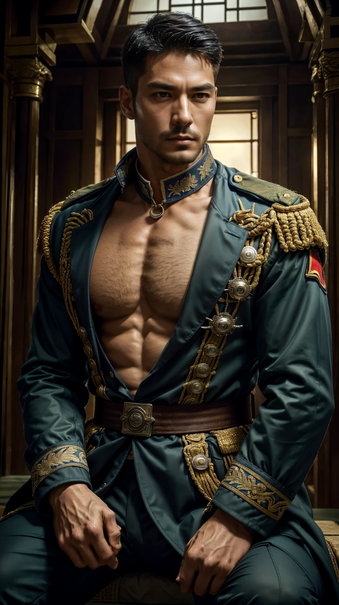 (Best quality at best,フォトリアリスティック),(Dark,feels) Young person, One guy,detailed black eyes, French-German man in uniform standing in front of building, in full military garb, in a soldier uniform, Inspired by Zhang Sengyao, in a soldier uniform, Court Costume Akira, in a soldier uniform, Imperial team, in a soldier uniform, Wearing imperial equipment, Wearing a soldier's uniform, Inspired by Oka Yasuyu, Italian man wearing old samurai uniform，，。Dark skin., （（Very relaxed and lazy look！））, （（Unintentionally exposing chest muscles））Handsome male, Handsome chad chin, Handsome and attractive, Handsome and elegant, Handsome man, Sexy masculine, masculine and Handsome, , Handsome, Attractive posing, attractive male, Attractive man,40-year-old man！Lift your little head，Kominan wearing an army coat（closeup portrait！)）showing off his hairy pecs。（Show hairy chest muscles），），(Use a short beard collar），Wear a military uniform and wear one without buttons！Show hairy chest muscles），)，(Use a short beard collar，）headspace！Charming and serious look，（Handsome男人，sitting down，poorly dressed，Perfect body anatomy，Beautiful man face detail，perfect foot，perfect hand！Ultra-low angle shooting！！