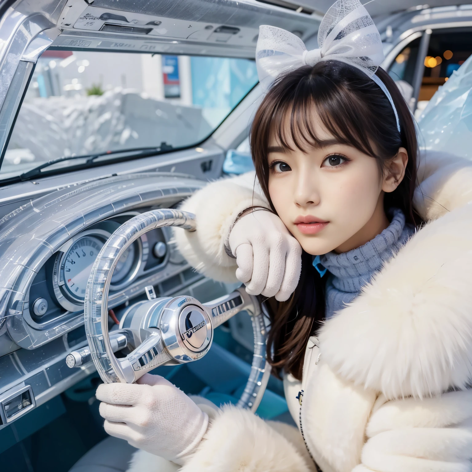 There is a woman sitting in a car with gloves on., cold as ice! 🧊, ice, sakimichan, Larisa Manobar, Icy, Ulzzang, iceでできている, Lalisa Manoban in blackpink, iceの女王, cold, iceのプリンセス, official artwork, Shin Jin Young, ice eyes