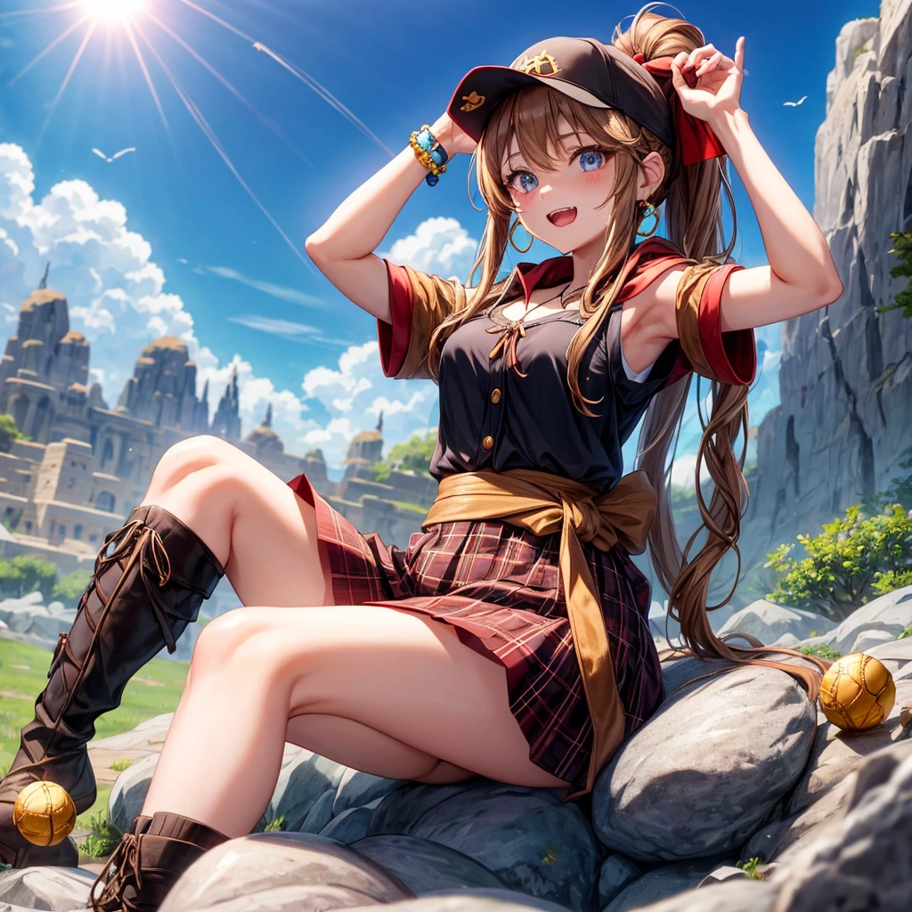 reddish-brown blonde、blue eyes、Braid、ponytail、one good looking girl、solo、anime、Plaid miniskirt、the skirt has buttons、camisole、black t-shirt、dress、Doing the ribbon、Ribbon at waist、cloak、Crystal Grotto、hood、desert、clouds are swirling、stone slabs are piled up、One hand is raised、Wearing a baseball cap 、crystal earrings、sun、sitting、gold coins are falling、teeth are visible