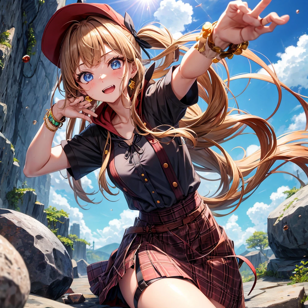 reddish-brown blonde、blue eyes、Braid、ponytail、one good looking girl、solo、anime、Plaid miniskirt、the skirt has buttons、camisole、black t-shirt、dress、Doing the ribbon、Ribbon at waist、cloak、Crystal Grotto、hood、desert、clouds are swirling、stone slabs are piled up、One hand is raised、Wearing a baseball cap 、crystal earrings、sun、sitting、gold coins are falling、teeth are visible