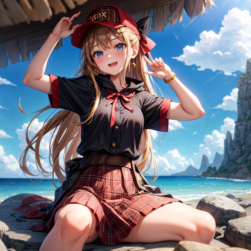 reddish-brown blonde、blue eyes、Braid、ponytail、one good looking girl、solo、anime、Plaid miniskirt、the skirt has buttons、camisole、black t-shirt、dress、Doing the ribbon、Ribbon at waist、cloak、Crystal Grotto、hood、desert、clouds are swirling、stone slabs are piled up、One hand is raised、Wearing a baseball cap 、crystal earrings、sun、sitting、gold coins are falling、teeth are visible
