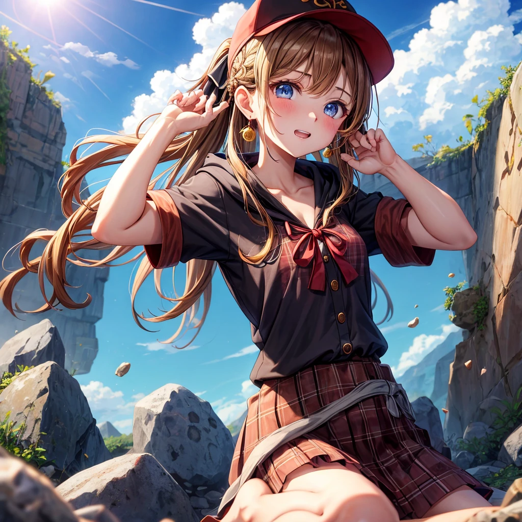 reddish-brown blonde、blue eyes、Braid、ponytail、one good looking girl、solo、anime、Plaid miniskirt、the skirt has buttons、camisole、black t-shirt、dress、Doing the ribbon、Ribbon at waist、cloak、Crystal Grotto、hood、desert、clouds are swirling、stone slabs are piled up、One hand is raised、Wearing a baseball cap 、crystal earrings、sun、sitting、gold coins are falling、teeth are visible