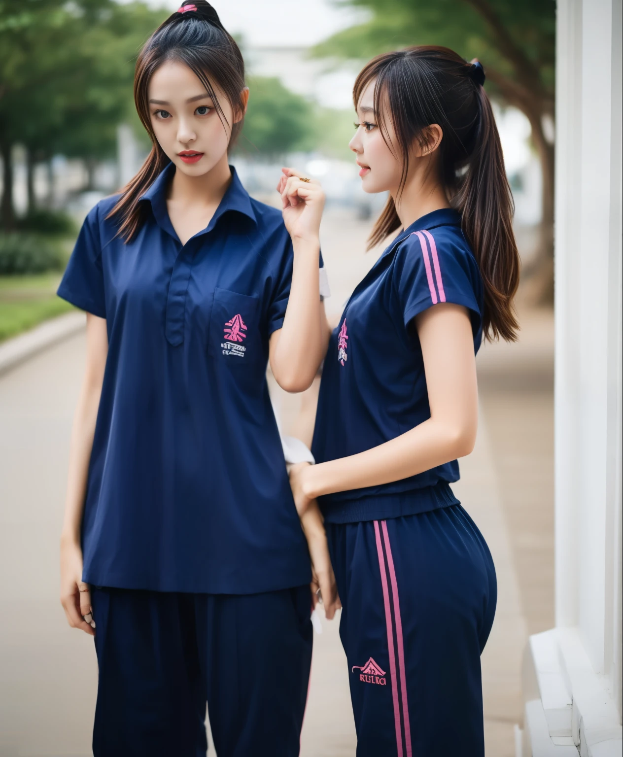 3 girls in fitness center, Navy blue short-sleeved shirt,Navy Long Trackpant,Sweatpants, Sweatpantsขายาว,25 year old girl, lesbian, sexy, exercise clothes, wet body, exercise clothes