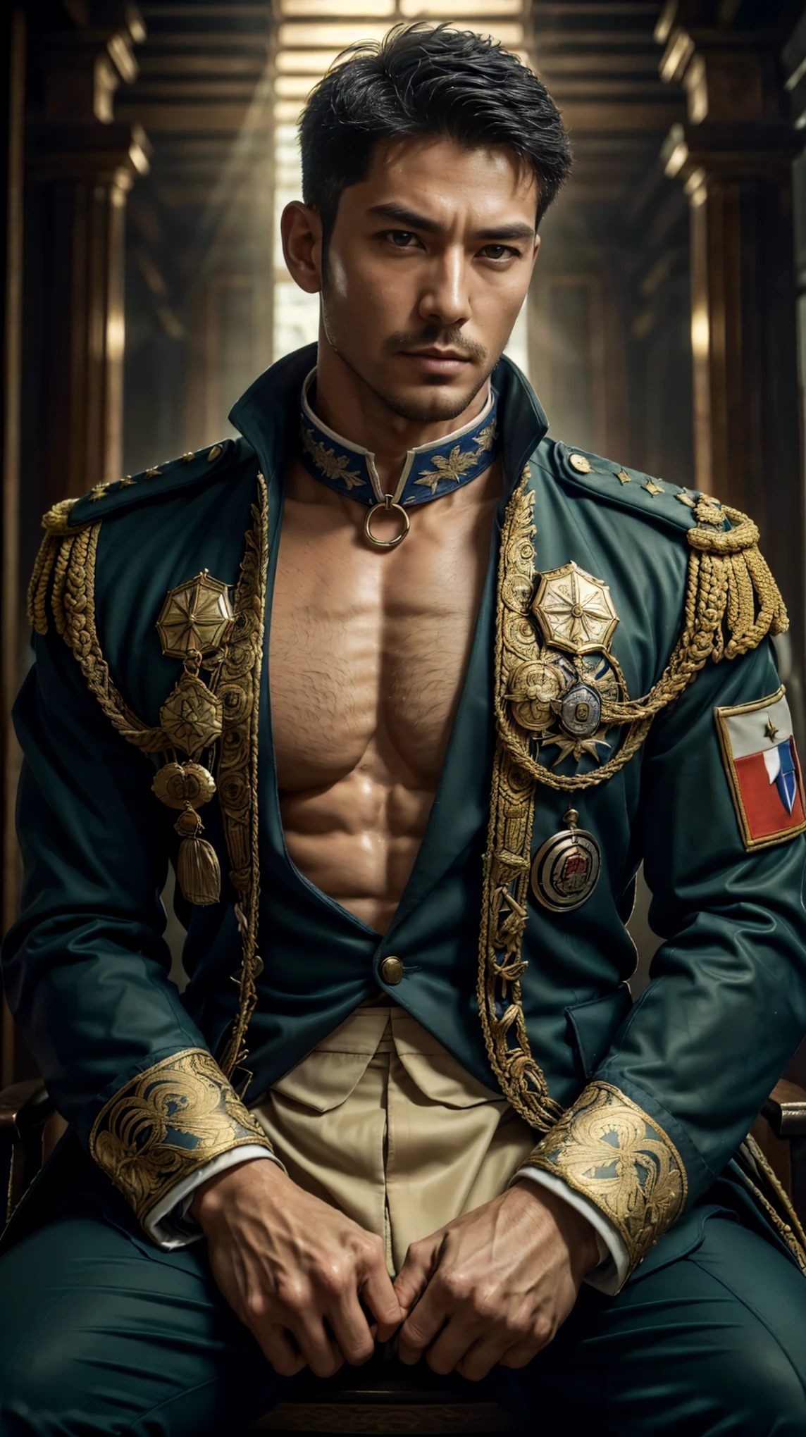 (Best quality at best,フォトリアリスティック),(Dark,feels) Young person, One guy,detailed black eyes, French-German man in uniform standing in front of building, in full military garb, in a soldier uniform, Inspired by Zhang Sengyao, in a soldier uniform, Court Costume Akira, in a soldier uniform, Imperial team, in a soldier uniform, Wearing imperial equipment, Wearing a soldier's uniform, Inspired by Oka Yasuyu, Italian man wearing old samurai uniform，，。Dark skin., （（Very relaxed and lazy look！））, （（Unintentionally exposing chest muscles））Handsome male, Handsome chad chin, Handsome and attractive, Handsome and elegant, Handsome man, Sexy masculine, masculine and Handsome, , Handsome, Attractive posing, attractive male, Attractive man,40-year-old man！Lift your little head，Kominan wearing an army coat（closeup portrait！)）showing off his hairy pecs。（Show hairy chest muscles），），(Use a short beard collar），Wear a military uniform and wear one without buttons！Show hairy chest muscles），)，(Use a short beard collar，）headspace！Charming and serious look，（Handsome男人，sitting down，poorly dressed，Perfect body anatomy，Beautiful man face detail，perfect foot，perfect hand！Ultra-low angle shooting！！