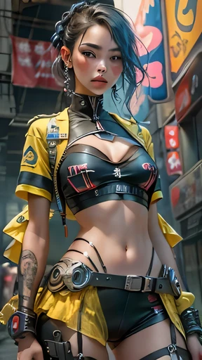 Unreal Engine:1.4,Hyper-realistic CG K, lifelike:1.4, Texture:1.4, masterpiece:1.4,Posing behind beautiful fairy in babydoll lingerie、Yellow short cyberpunk style clothing, fishnets pantyhose , Blue miniskirt,