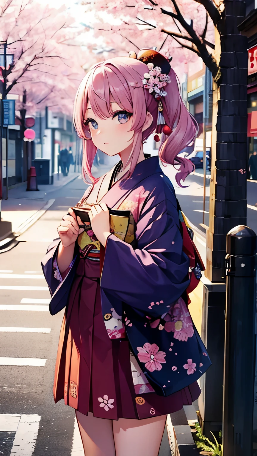 best image quality、1 girl、Tokyo Harajuku with a complex structure composed of ukiyo-e prints、Cherry Blossom