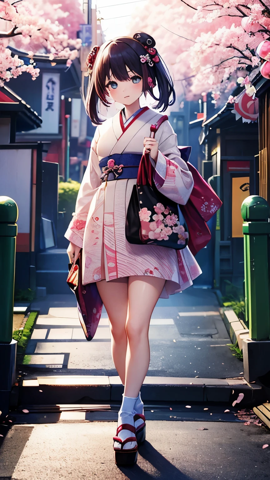 best image quality、1 girl、Tokyo Harajuku with a complex structure composed of ukiyo-e prints、Cherry Blossom