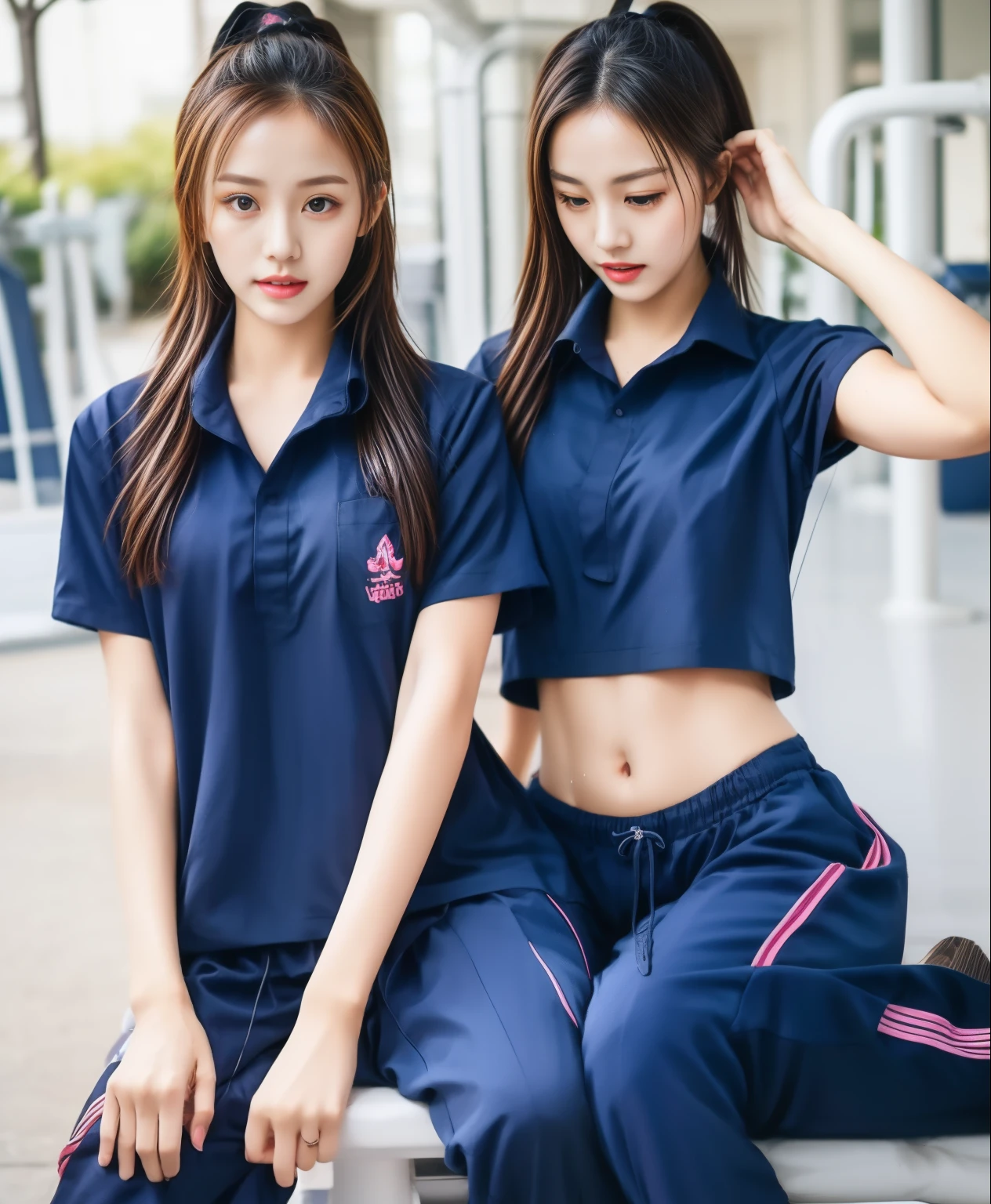 3 girls in fitness center, Navy blue short-sleeved shirt,Navy Long Trackpant,Sweatpants, Sweatpantsขายาว,25 year old girl, lesbian, sexy, exercise clothes, wet body, exercise clothes