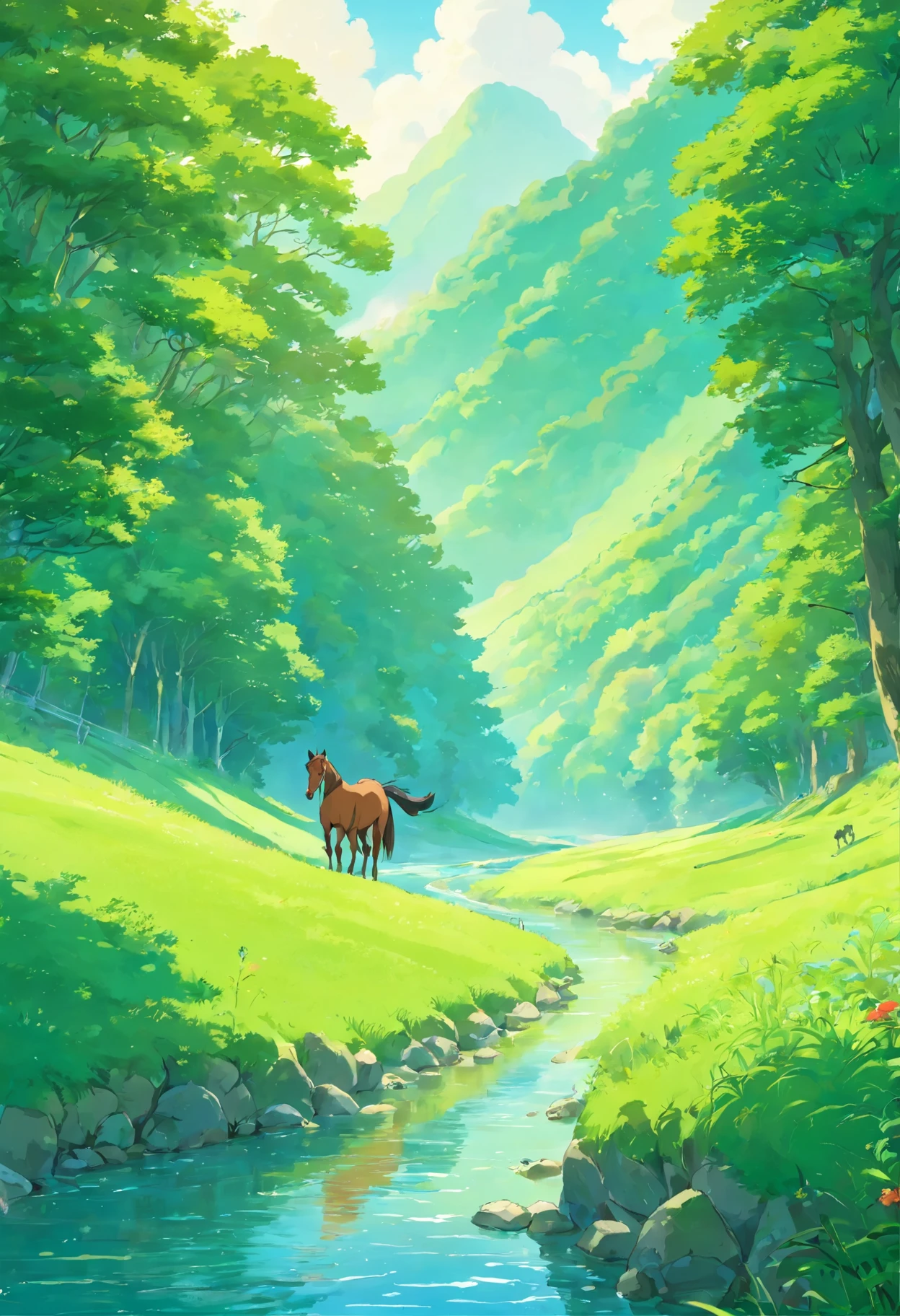 horse, foal, field, the grass is green,  river