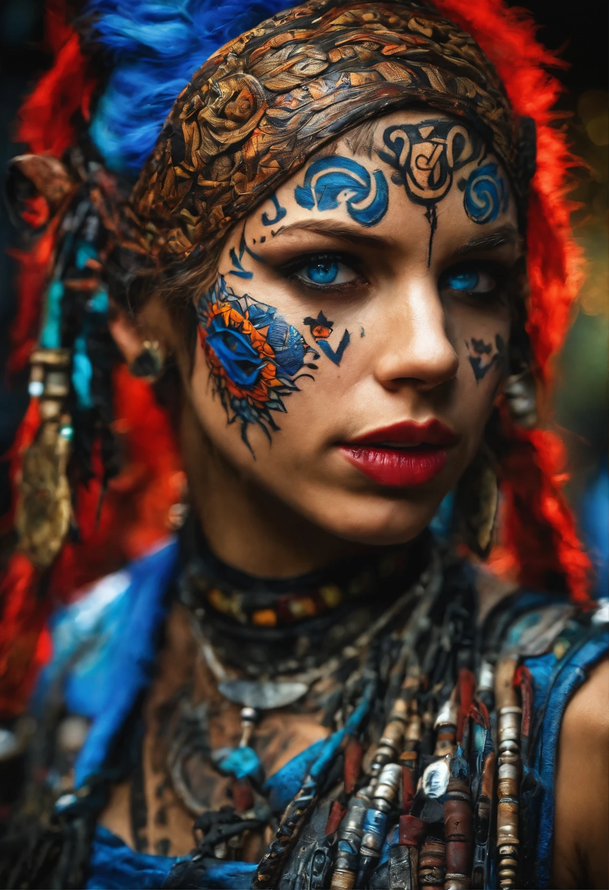 . close up of a scary brazilian female cyberpunk clown on a Circus background bycircus background, a character portrait, trending on deviantart, dark atmoshopere, riot entertainment realistic, techno, peter hurley, costume design, taken with hasselblad H6D 100c, the HCD 24mm lens, old master photorealistic, cinematic lighting, volumetric lighting, dark atmosphere, soft lighting,