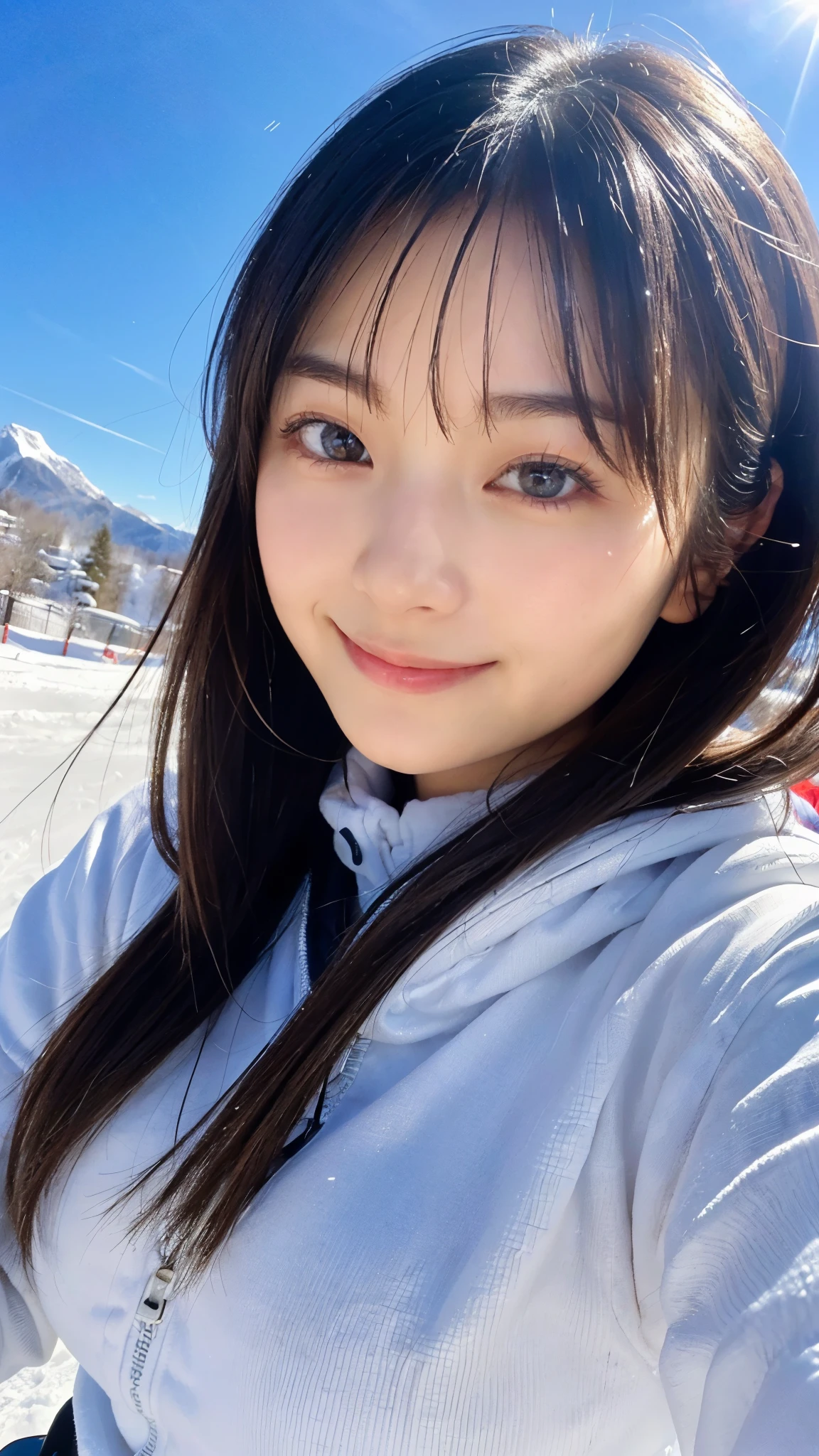 (highest quality,masterpiece:1.3,ultra high resolution),(Super detailed,caustics,16k),(photorealistic:1.4,RAW shooting),ultra-realistic capture,close-up of human skin,natural skin texture,Pores are detailed enough to be easily identified,Healthy skin and even tone,Use natural light and color,18-year-old,Japanese,cute,ski wear,black long hair,Smiling and looking at the camera,big breasts,shot from the waist up,(face focus:1.2),(Face close-up:1.2),(low position:1.3),(Low - Angle:1.3),(Ski resort),sun,(Diamond dust),Lens flare,blue sky,