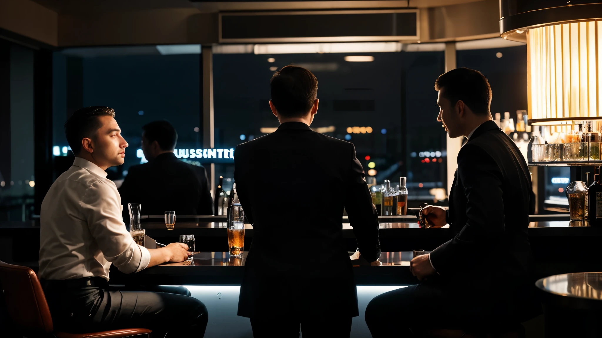Inside the bar at the counter, businessmen from the back drinking and enjoying nightlife, spotlight, silhouette photography, realistic photography, business lounge aesthetic, Landscape image format 16:9 , 8K, high-resolution, bokeh