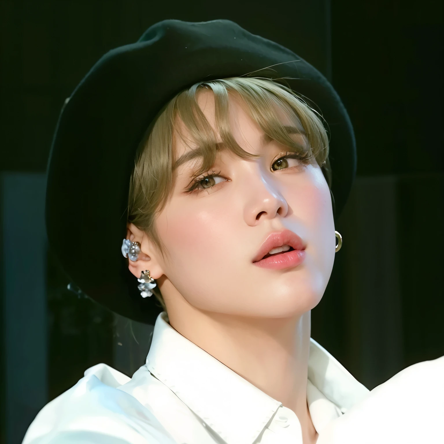 a close-up of a person wearing a hat and ear piercing, Jimin\the full lips, Jimin, Jimin\the right eyelid is swollen, Jimin\o nariz grego, park Jimin, accurate Jimin face, Yoongi de cabelo preto, Retrato de Jossi do Blackpink, Jungkook, inspirado em Kun Can, he is wearing a hat, BTS