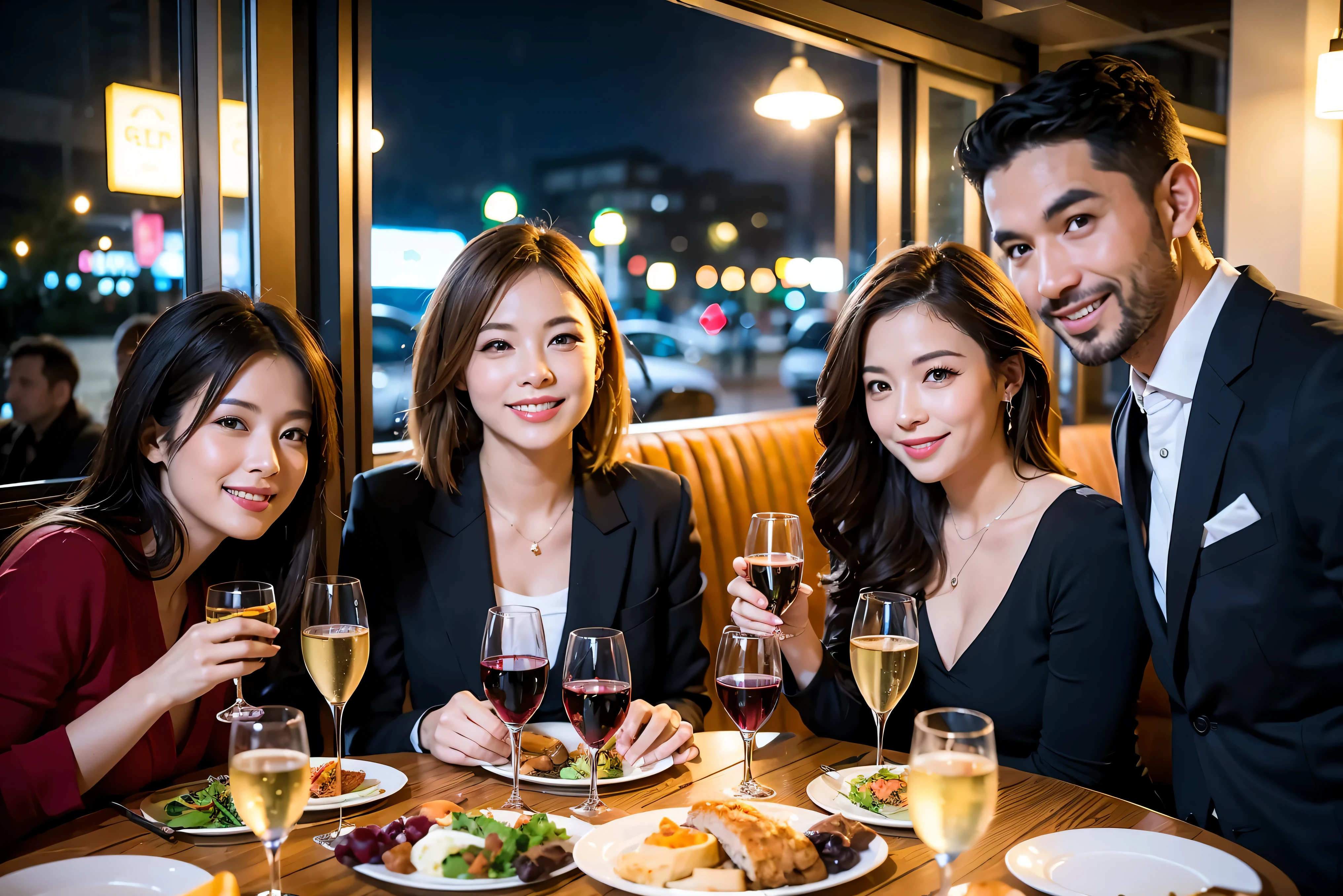 64k, UHD, highest quality, masterpiece: 1.2), (realistic, photorealistic: 1.37), Super detailed, celebration party、beauty、beautiful mature woman、3 women who love wine、three men、champagne、sparkling wine、winter night、restaurantでワイン宴会、(slimな男女4名),(Wine party for 5 people)、(slimフェイス),Happy、 最高なsmile、Fox Face、Berry Short、(because I'thin), (brown hair), (shortcut), long sleeve shirt、winter fashion、Japanese、Dutch、German、Portuguese、Belgian、Italian、french, (gushing), (slimボティ), (brown hair), (shortcut), 端正なbeauty、cheeks blush a little, (34 years old), 38 years old,32 years old、40 years old、 A beautiful and detailed night view spreads out outside the window......, restaurant, wine glassが座っている, At night, in a prominent place (from the Upper body) nova frog style, actress, model, Upper body, White wine, slim, wine glass, Very beautiful night view, wine glass Put in the Middle, Happy smile, (smile: 1.15),