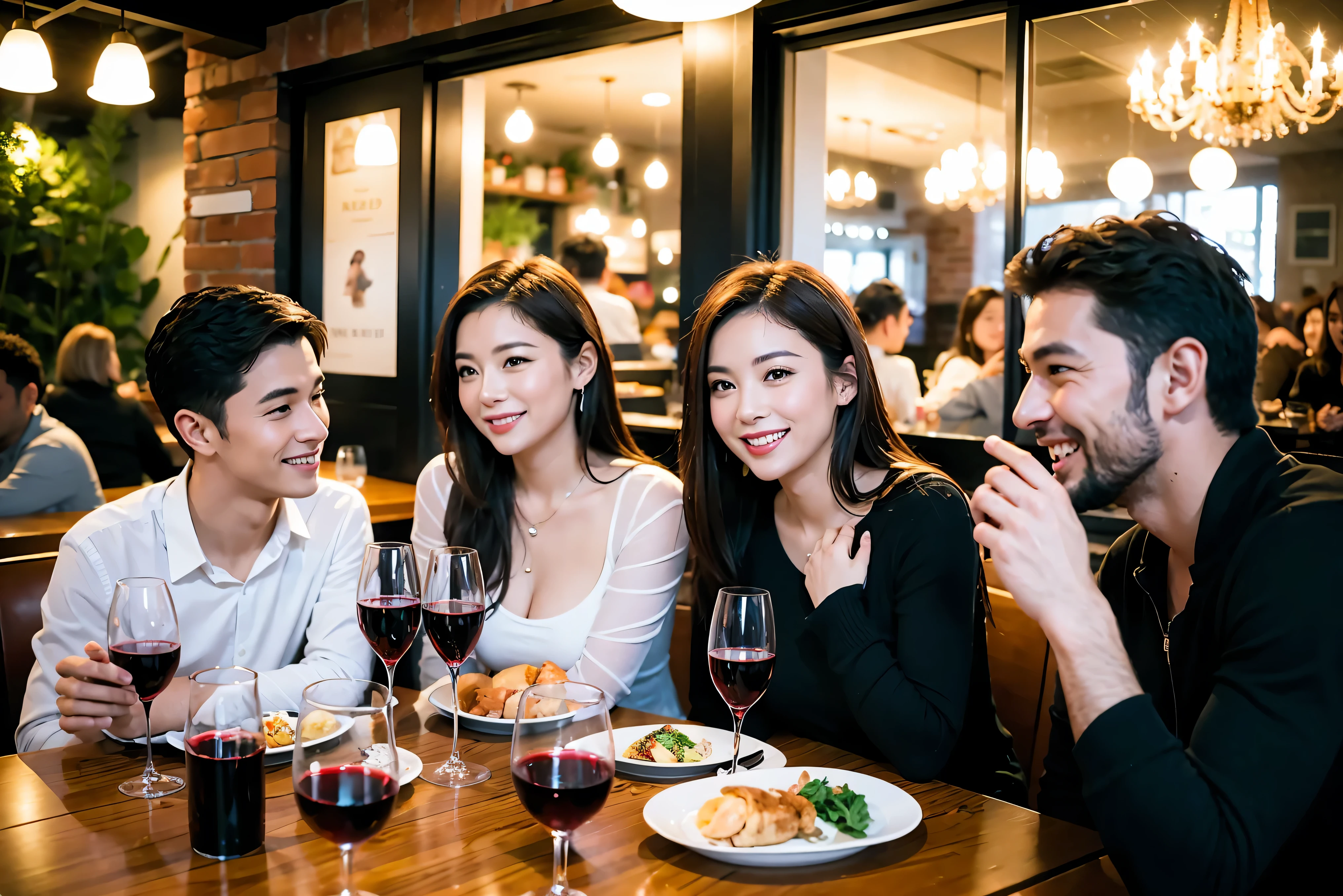 64k, UHD, highest quality, masterpiece: 1.2), (realistic, photorealistic: 1.37), Super detailed, celebration party、beauty、beautiful mature woman、3 women who love wine、three men、champagne、sparkling wine、winter night、restaurantでワイン宴会、(slimな男女4名),(Wine party for 5 people)、(slimフェイス),Happy、 最高なsmile、Fox Face、Berry Short、(because I&#39;thin), (brown hair), (shortcut), long sleeve shirt、winter fashion、Japanese、Dutch、German、Portuguese、Belgian、Italian、french, (gushing), (slimボティ), (brown hair), (shortcut), 端正なbeauty、cheeks blush a little, (34 years old), 38 years old,32 years old、40 years old、 A beautiful and detailed night view spreads out outside the window......, restaurant, wine glassが座っている, At night, in a prominent place (from the Upper body) nova frog style, actress, model, Upper body, White wine, slim, wine glass, Very beautiful night view, wine glass Put in the Middle, Happy smile, (smile: 1.15), 