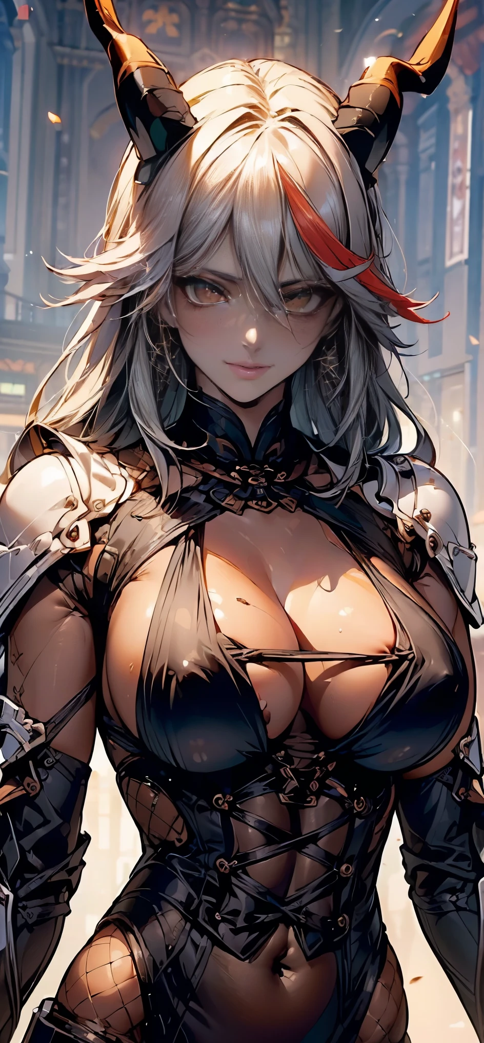 (( (master piece)，（Highly detailed CG Unity 8K wallpaper），best quality，cinematic lighting，detailed background，beautiful and fine eyes，bright pupils，（very elegant and beautiful），（Beautiful and detailed eye depiction），super detailed，master piece，High resolution)), curly, richly decorated armor, beautiful female warrior, (◯◯Hair-:1.3), cleavage, ((to NFSW:1.7))