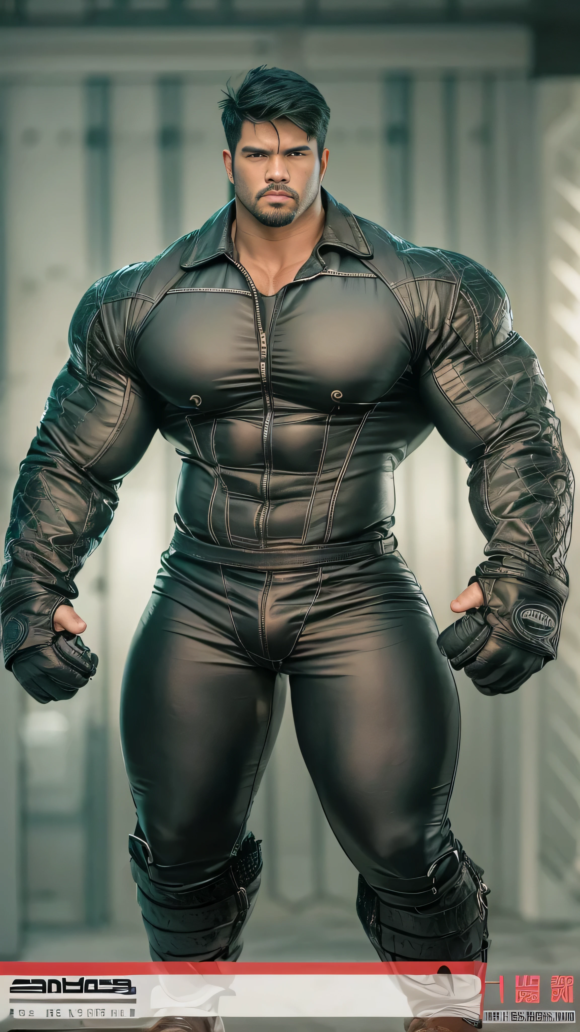 There is only one person in the picture,a chinese bodybuilder,35 years old,Hulk size,High, Strong and handsome,standing in front of gray background board,Paired with glossy black leather bow tie,short hair, O-shaped beard,Perfect body, Dark and shiny complexion,Muscle bulge, muscular, Very big pecs,Very sexy abs,Leg muscles are very developed,High and burly,Huge bumpy area,Brighten oily skin,Black leather shiny leather gloves, Wearing a gold leather shiny thong, Wear black leather shoes to shine,handsome face,detailed facial features, Correct and accurate male anatomy, full-body shot, Large pecs, Wet oil wax gloss for oily muscles and skin,Professional photography。