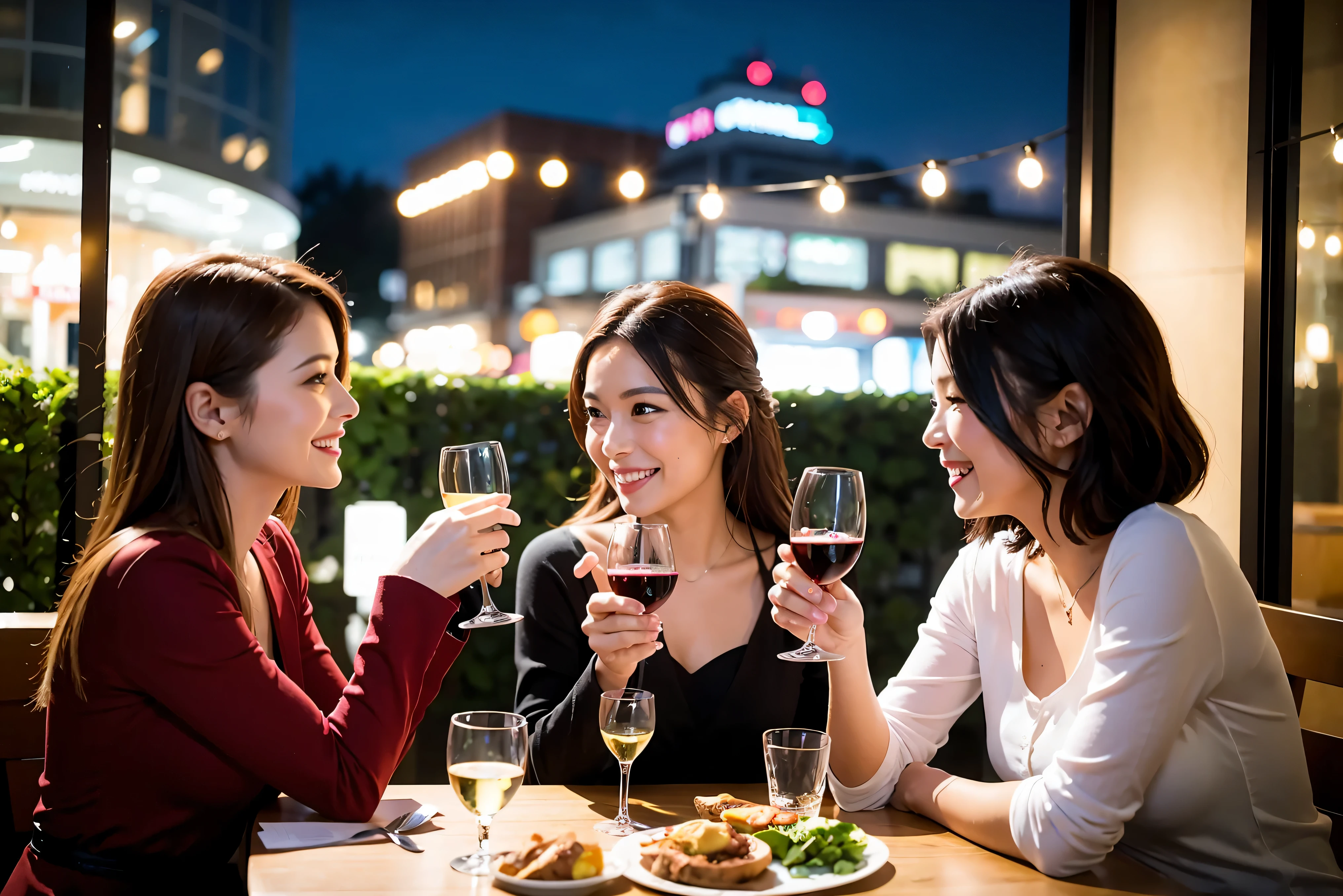 64k, UHD, highest quality, masterpiece: 1.2), (realistic, photorealistic: 1.37), Super detailed, celebration party、beauty、beautiful mature woman、3 women who love wine、three men、champagne、sparkling wine、winter night、restaurantでワイン宴会、(slimな男女4名),(Wine party for 5 people)、(slimフェイス),Happy、 最高なsmile、Fox Face、Berry Short、(because I'thin), (brown hair), (shortcut), long sleeve shirt、winter fashion、Japanese、Dutch、German、Portuguese、Belgian、Italian、french, (gushing), (slimボティ), (brown hair), (shortcut), 端正なbeauty、cheeks blush a little, (34 years old), 38 years old,32 years old、40 years old、 A beautiful and detailed night view spreads out outside the window......, restaurant, wine glassが座っている, At night, in a prominent place (from the Upper body) nova frog style, actress, model, Upper body, White wine, slim, wine glass, Very beautiful night view, wine glass Put in the Middle, Happy smile, (smile: 1.15),