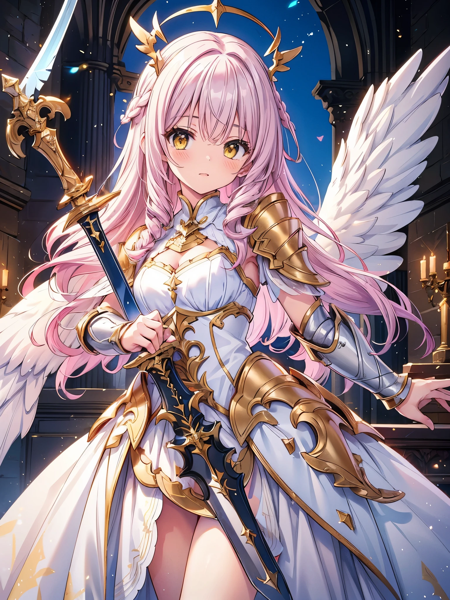 (masterpiece), best quality, 1girl, Valkyrie, angel knight in withe dress and sliver armor, shiny armor, High-gloss armor, reflective metal armor, holding sword, (long_sword), pink long curly hair, yellow eyes, wings, white outfit, perfect lighting