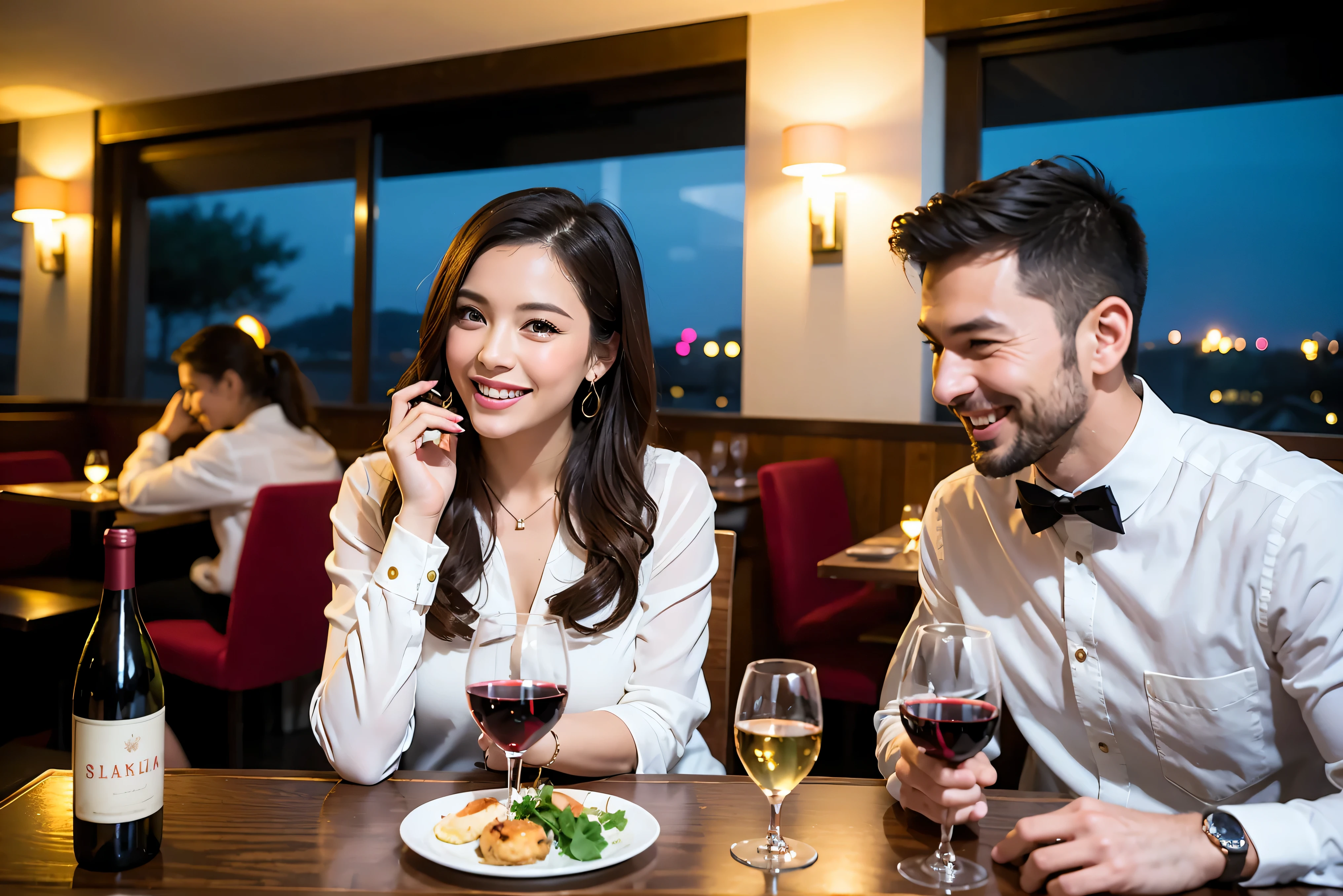 64k, UHD, highest quality, masterpiece: 1.2), (realistic, photorealistic: 1.37), Super detailed, celebration party、beauty、beautiful mature woman、3 women who love wine、three men、champagne、sparkling wine、winter night、restaurantでワイン宴会、(slimな男女4名),(Wine party for 5 people)、(slimフェイス),Happy、 最高なsmile、Fox Face、Berry Short、(because I&#39;thin), (brown hair), (shortcut), long sleeve shirt、winter fashion、Japanese、Dutch、German、Portuguese、Belgian、Italian、french, (gushing), (slimボティ), (brown hair), (shortcut), 端正なbeauty、cheeks blush a little, (34 years old), 38 years old,32 years old、40 years old、 A beautiful and detailed night view spreads out outside the window......, restaurant, wine glassが座っている, At night, in a prominent place (from the Upper body) nova frog style, actress, model, Upper body, White wine, slim, wine glass, Very beautiful night view, wine glass Put in the Middle, Happy smile, (smile: 1.15), 