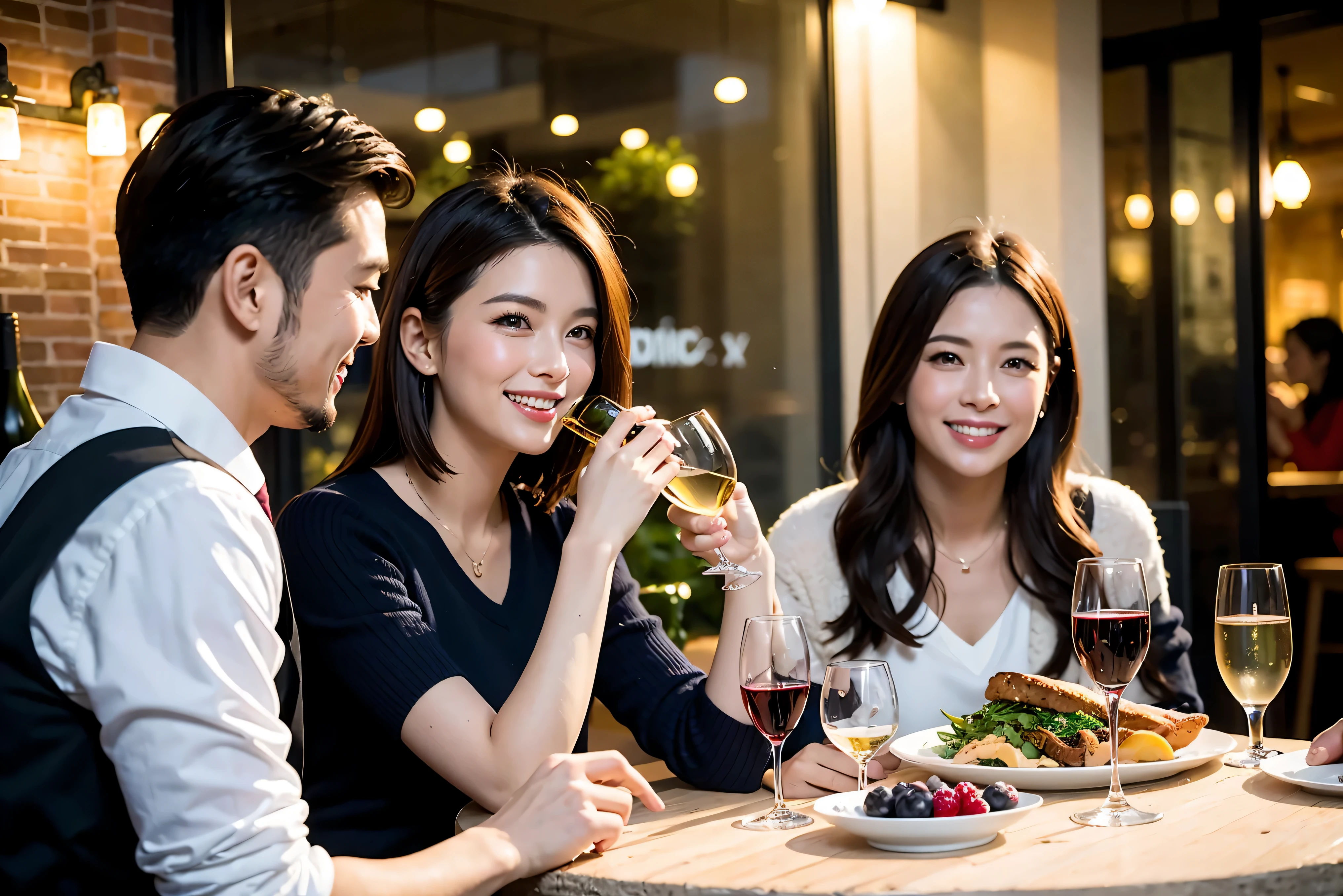 64k, UHD, highest quality, masterpiece: 1.2), (realistic, photorealistic: 1.37), Super detailed, celebration party、beauty、beautiful mature woman、3 women who love wine、three men、champagne、sparkling wine、winter night、restaurantでワイン宴会、(slimな男女4名),(Wine party for 5 people)、(slimフェイス),Happy、 最高なsmile、Fox Face、Berry Short、(because I&#39;thin), (brown hair), (shortcut), long sleeve shirt、winter fashion、Japanese、Dutch、German、Portuguese、Belgian、Italian、french, (gushing), (slimボティ), (brown hair), (shortcut), 端正なbeauty、cheeks blush a little, (34 years old), 38 years old,32 years old、40 years old、 A beautiful and detailed night view spreads out outside the window......, restaurant, wine glassが座っている, At night, in a prominent place (from the Upper body) nova frog style, actress, model, Upper body, White wine, slim, wine glass, Very beautiful night view, wine glass Put in the Middle, Happy smile, (smile: 1.15), 