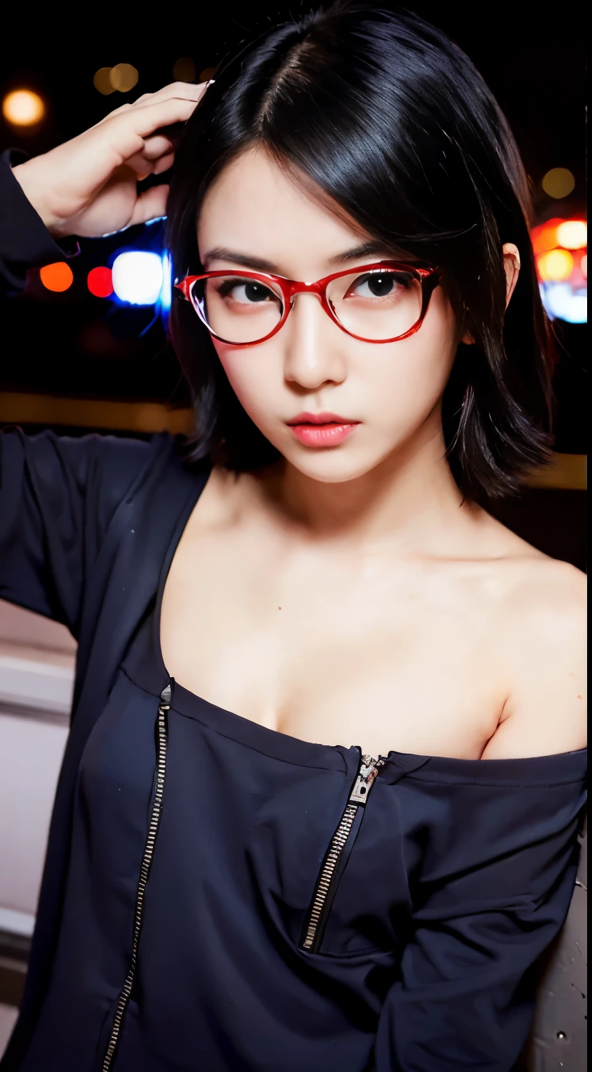 Uchiha Sarada, Pretty girl, kids, high detailed, high quality, smart, masterpiece, 8k quality, Sexy face, red eyes, cat ear, Slim body, small breast, bare breast, Sexy Pose, Neon sign, Led Night City, Seen from above, High quality, Realistic, Beautiful light, full detail, city background