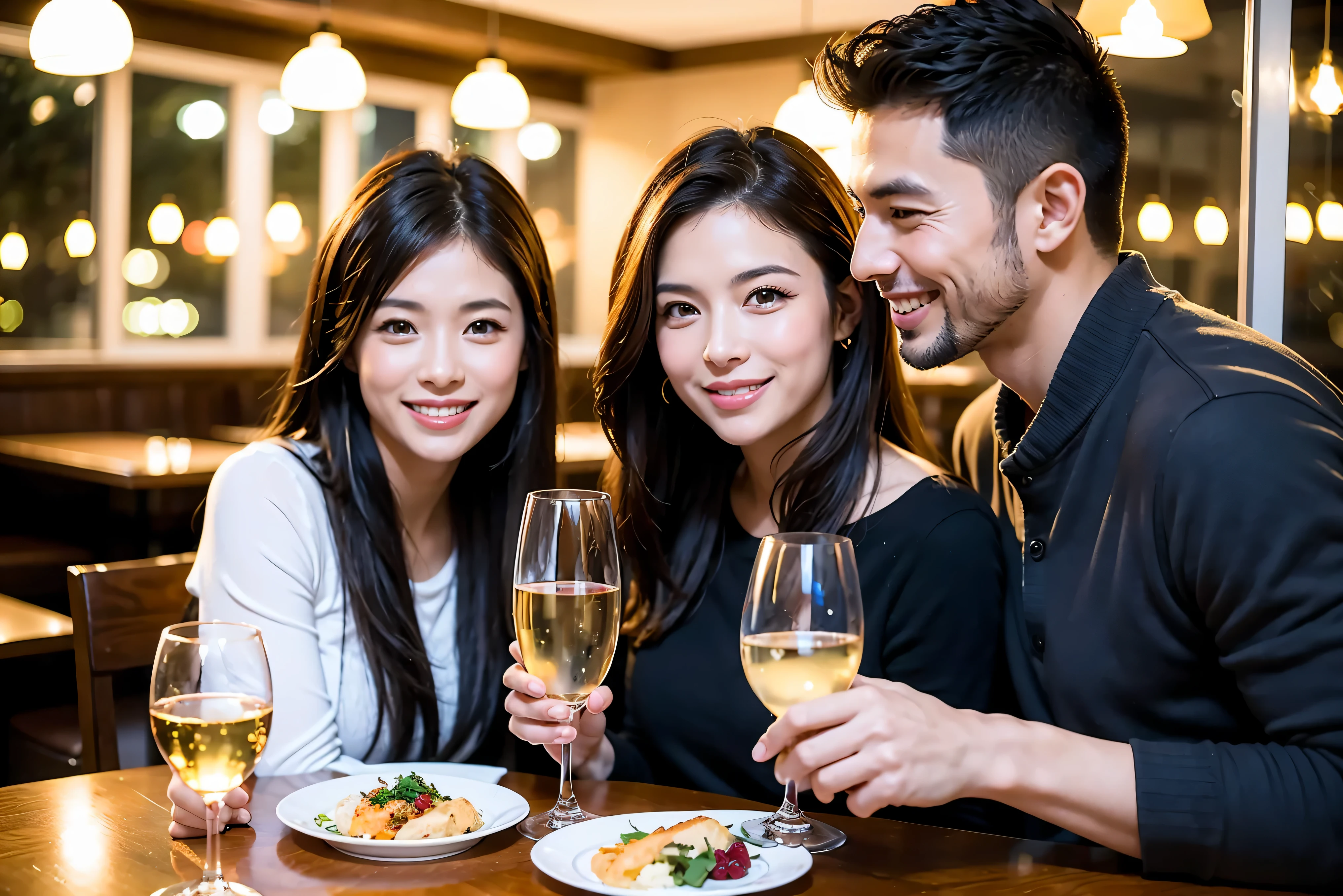 64k, UHD, highest quality, masterpiece: 1.2), (realistic, photorealistic: 1.37), Super detailed, celebration party、beauty、beautiful mature woman、3 women who love wine、three men、champagne、sparkling wine、winter night、restaurantでワイン宴会、(slimな男女4名),(Wine party for 5 people)、(slimフェイス),Happy、 最高なsmile、Fox Face、Berry Short、(because I'thin), (brown hair), (shortcut), long sleeve shirt、winter fashion、Japanese、Dutch、German、Portuguese、Belgian、Italian、french, (gushing), (slimボティ), (brown hair), (shortcut), 端正なbeauty、cheeks blush a little, (34 years old), 38 years old,32 years old、40 years old、 A beautiful and detailed night view spreads out outside the window......, restaurant, wine glassが座っている, At night, in a prominent place (from the Upper body) nova frog style, actress, model, Upper body, White wine, slim, wine glass, Very beautiful night view, wine glass Put in the Middle, Happy smile, (smile: 1.15),