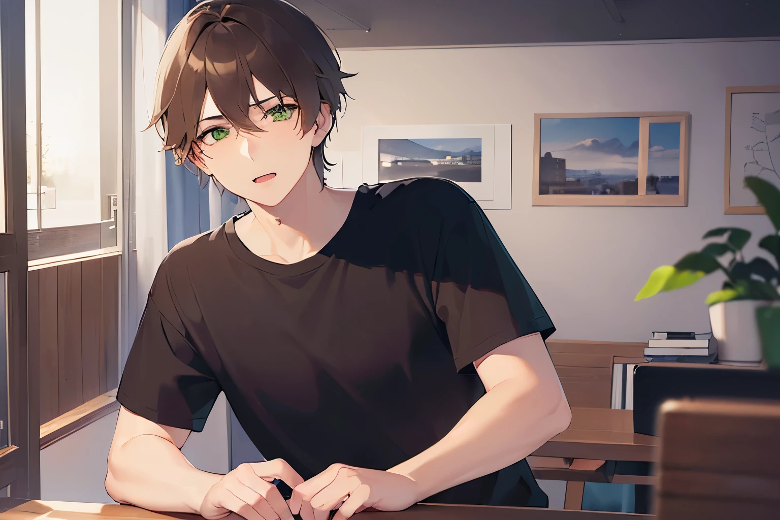 high quality、masterpiece、(25 year old man with brown hair and green eyes:1.5), (Wearing a plain black T-shirt)、surprised, Alone、The background is the living room、sitting at the dining table