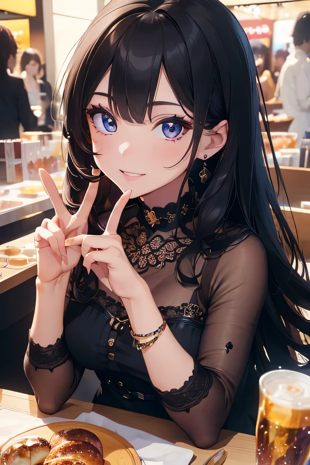 (highest quality,4K,8K,High resolution,table top:1.2),Super detailed,realistic,Beautiful woman,fine eyes,detailed lips,highly detailed face,long eyelashes,Luxury shopping malls,Latest Fashion Items,smile,peace sign,bright colors,studio lighting