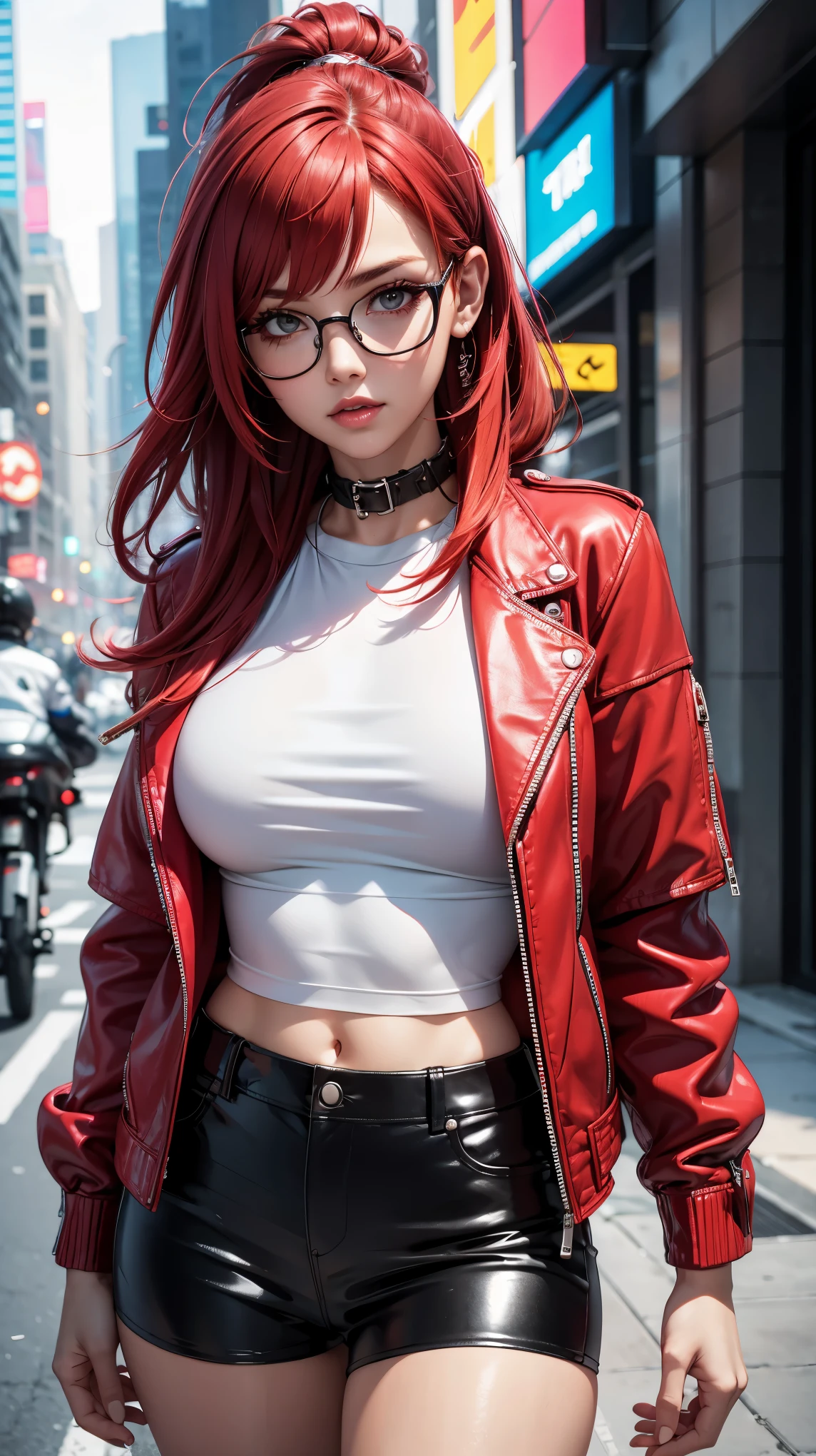 1girl, red hair, bubble gum, white top, leather jacket, shorts, cyberpunk style, eyeglasses, parted lips, large breasts