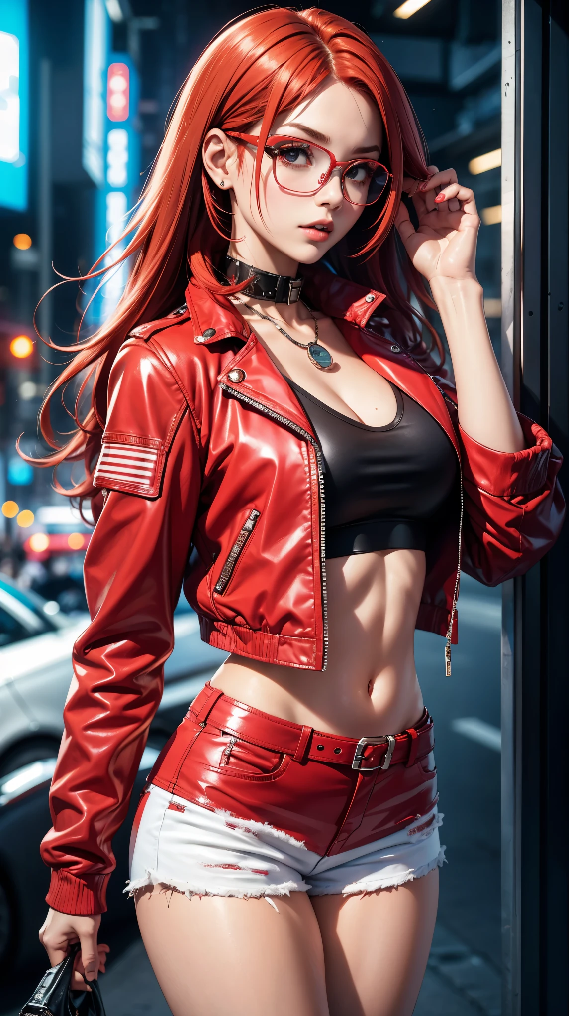 1girl, red hair, bubble gum, white top, leather jacket, shorts, cyberpunk style, eyeglasses, parted lips, large breasts