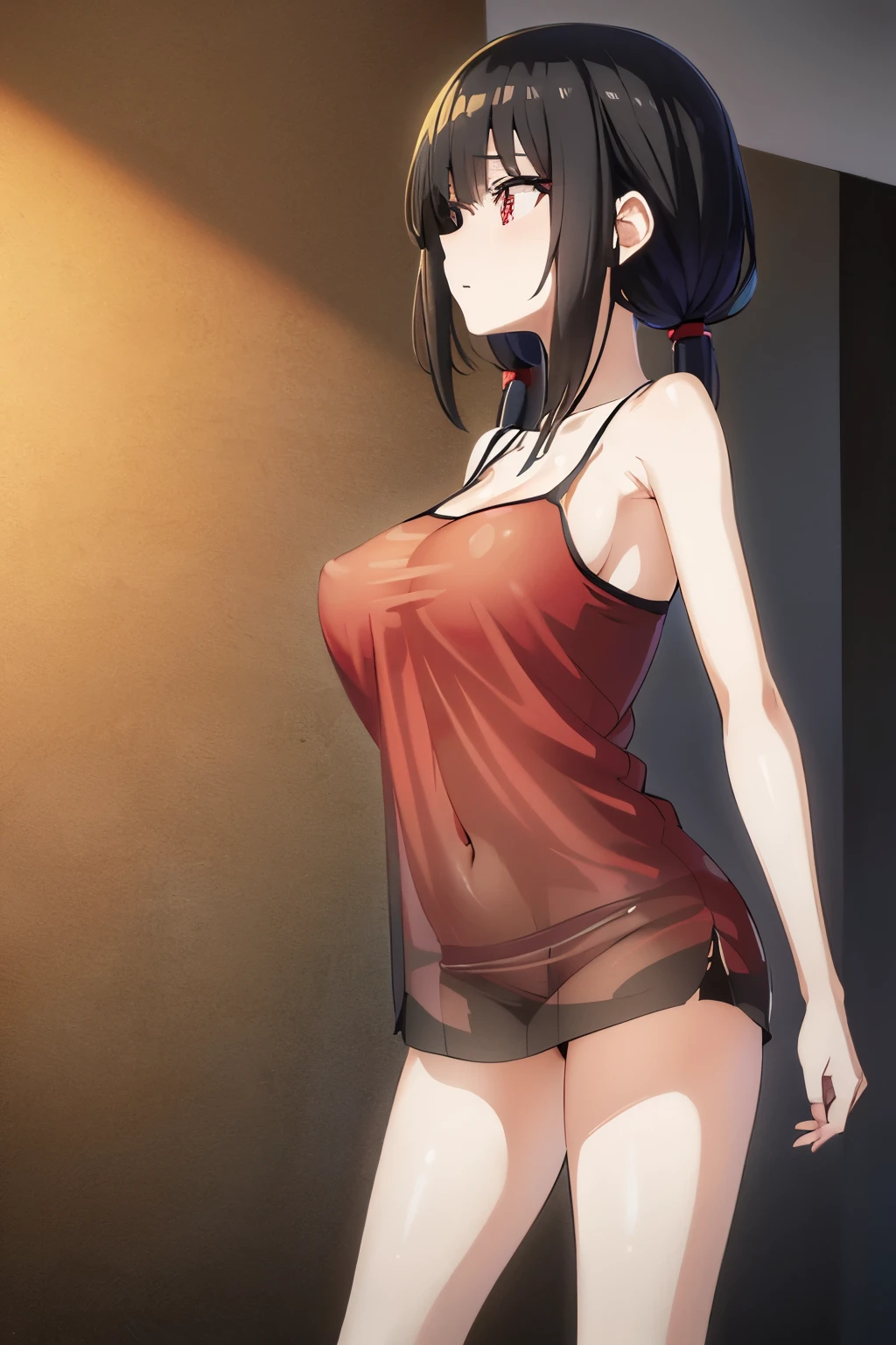 Optimal，masterpiece，High resolution，highest quality，hyper hd，Super detailed，award-winning，16k，alone，(cowboy shot)、cute face，，black hair、long hair、twin tails、 hair line，（（scarlet eyes）），long eyelashes，drooping corners of the eyes，Are standing、open your legs、thin legs、white skin，((shoot from the side)), ((See-through camisole:1.5)), ((transparent nipples))、rocket  , ((big breasts:1.2)),