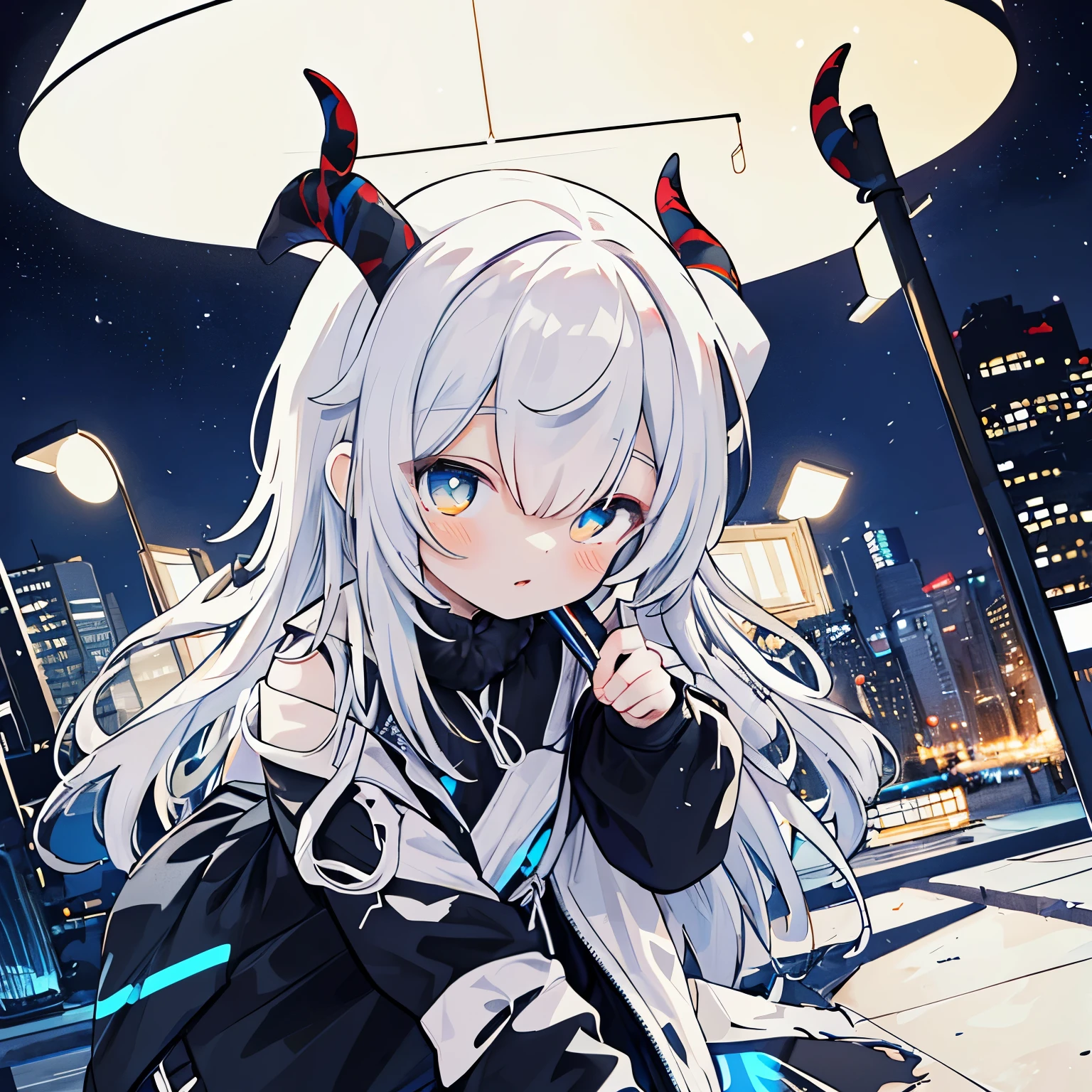 master piece, best quality,super fine illustration,Very Detailed,dynamic angle, Dynamic Posing,dynamic lighting,Modern art, light color scheme, distinct lines, white-haired girl with twin-tail hair with two horns, street fashion, torn clothes, dark room at night lit by indirect light, stars in her eyes, neon light