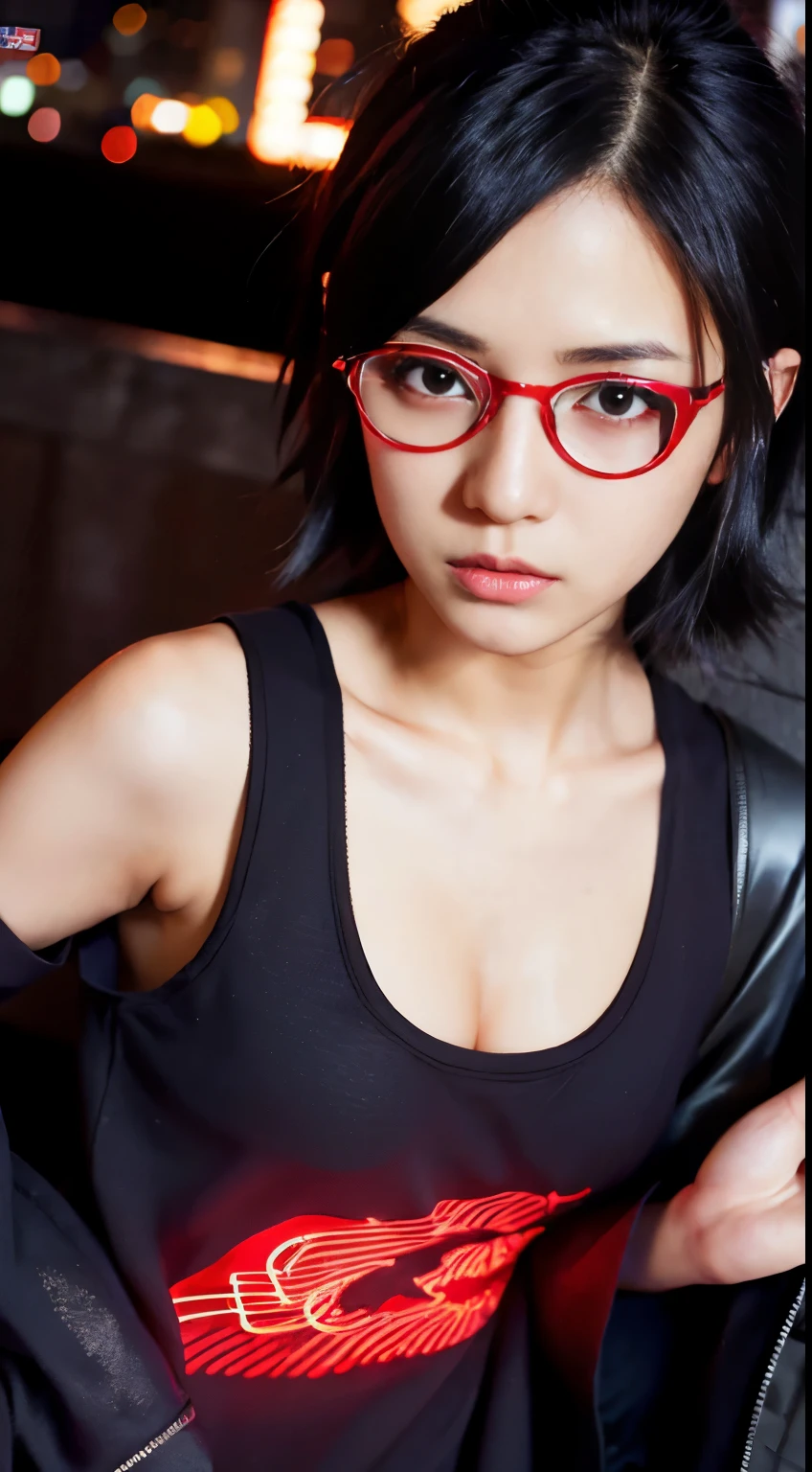 Uchiha Sarada, Pretty girl, kids, high detailed, high quality, smart, masterpiece, 8k quality, Sexy face, red eyes, cat ear, Slim body, medium breast, bare breast, Sexy Pose, Neon sign, Led Night City, Seen from above, High quality, Realistic, Beautiful light, full detail, city background