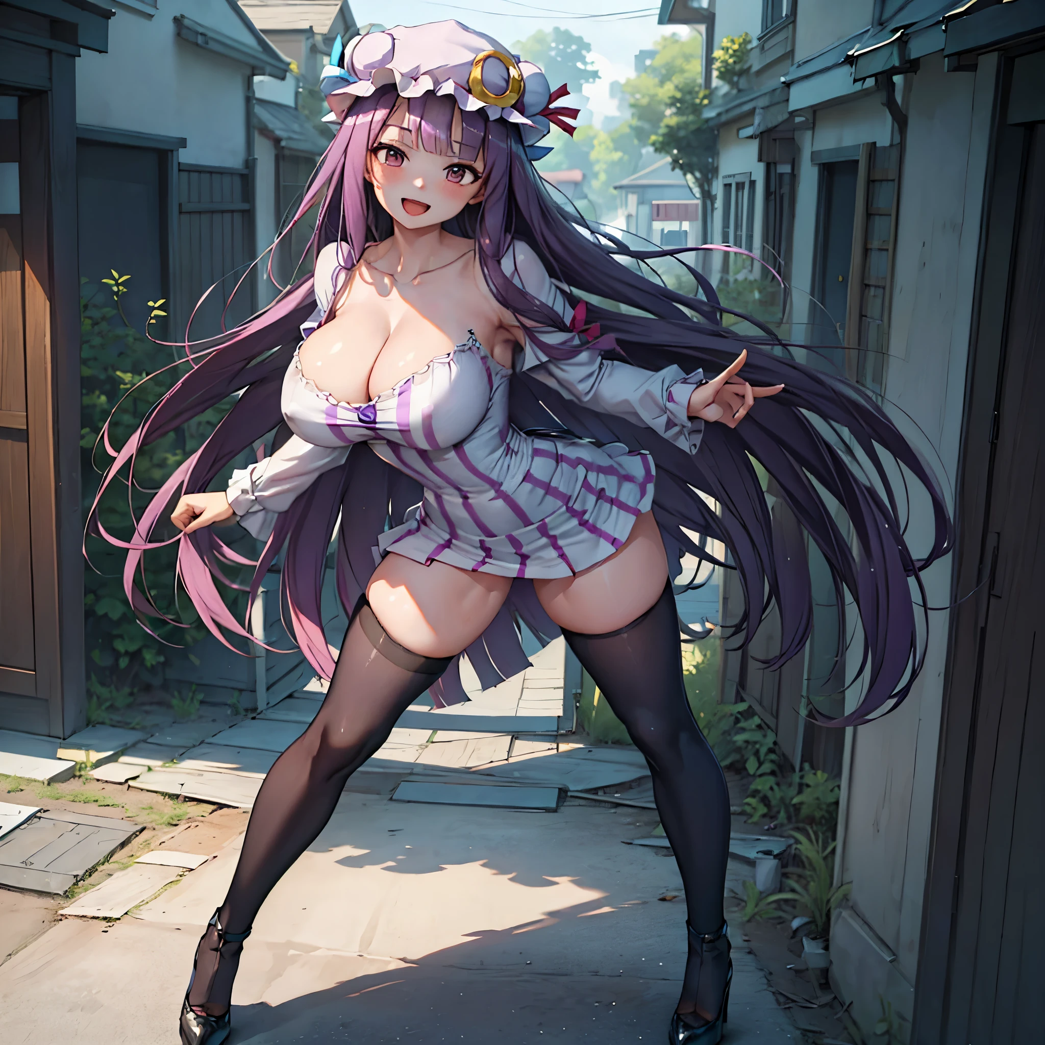 (Patchouli toho character), (standing at lakeside forest), outside, (standing with open legs wide:1.6), (arms behind back), (bending back), tiptoe, pigeon toed, BREAK, (disproportionately gigantic huge breasts:1.2), cleavage, inconceivably thin waist, very short torso, (thin long legs apart:1.23, BREAK, very short miniskirt, thigh gap, (black thighhighs:1.2), highheels, BREAK, smile for viewer, open mouth, nose blush, full body, (pussy juice)