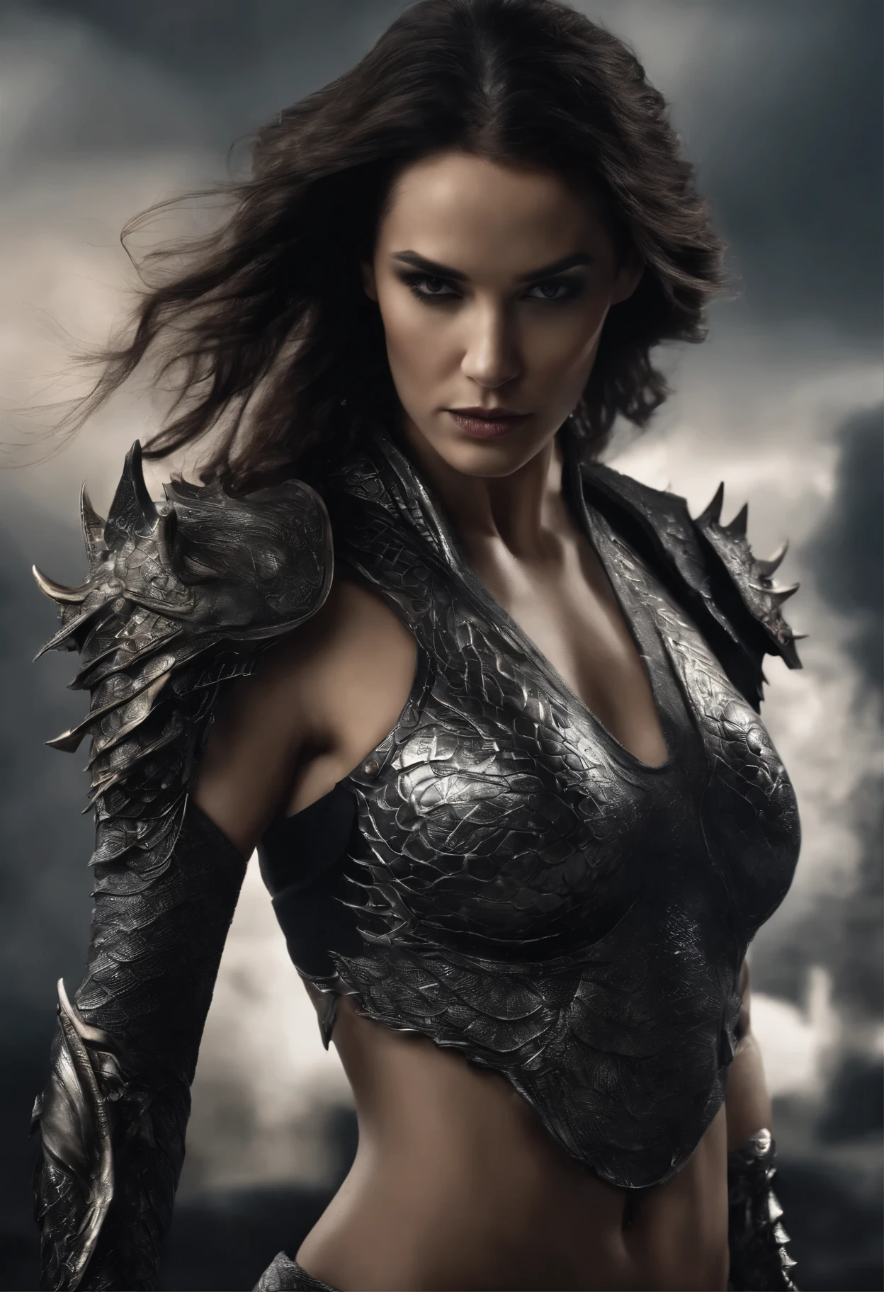 An image full body of a cyborg woman in profile with brunette hair tinged with dark grey highlights. A detailed realism picture, majestic dragon tattoo in silver and black wraps around her body, with scales that shimmer with realism and lightning patterns that evoke a sense of ancient magic. The dragon's expression is fierce, with a snarl that suggests power and mystique. The background should be dark to contrast and emphasize the tattoo's intricate details.