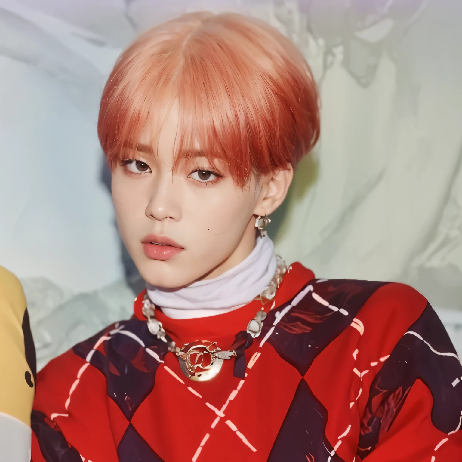 a close-up of a person with red hair and a sweater, Retrato de Jossi do Blackpink, Jimin, park Jimin, Taehyung comendo batatas fritas Gucci, Jimin\the full lips, Jimin\the right eyelid is swollen, cai xukun, Yoongi de cabelo preto, BTS, accurate Jimin face, Jimin\o nariz grego, hyung tae, Kim Doyoung