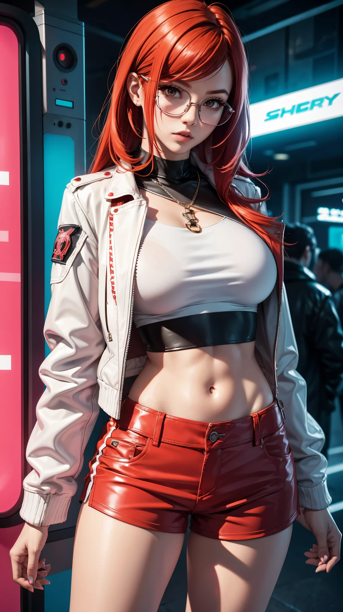 1girl, red hair, bubble gum, white top, leather jacket, shorts, cyberpunk style, eyeglasses, parted lips, large breasts