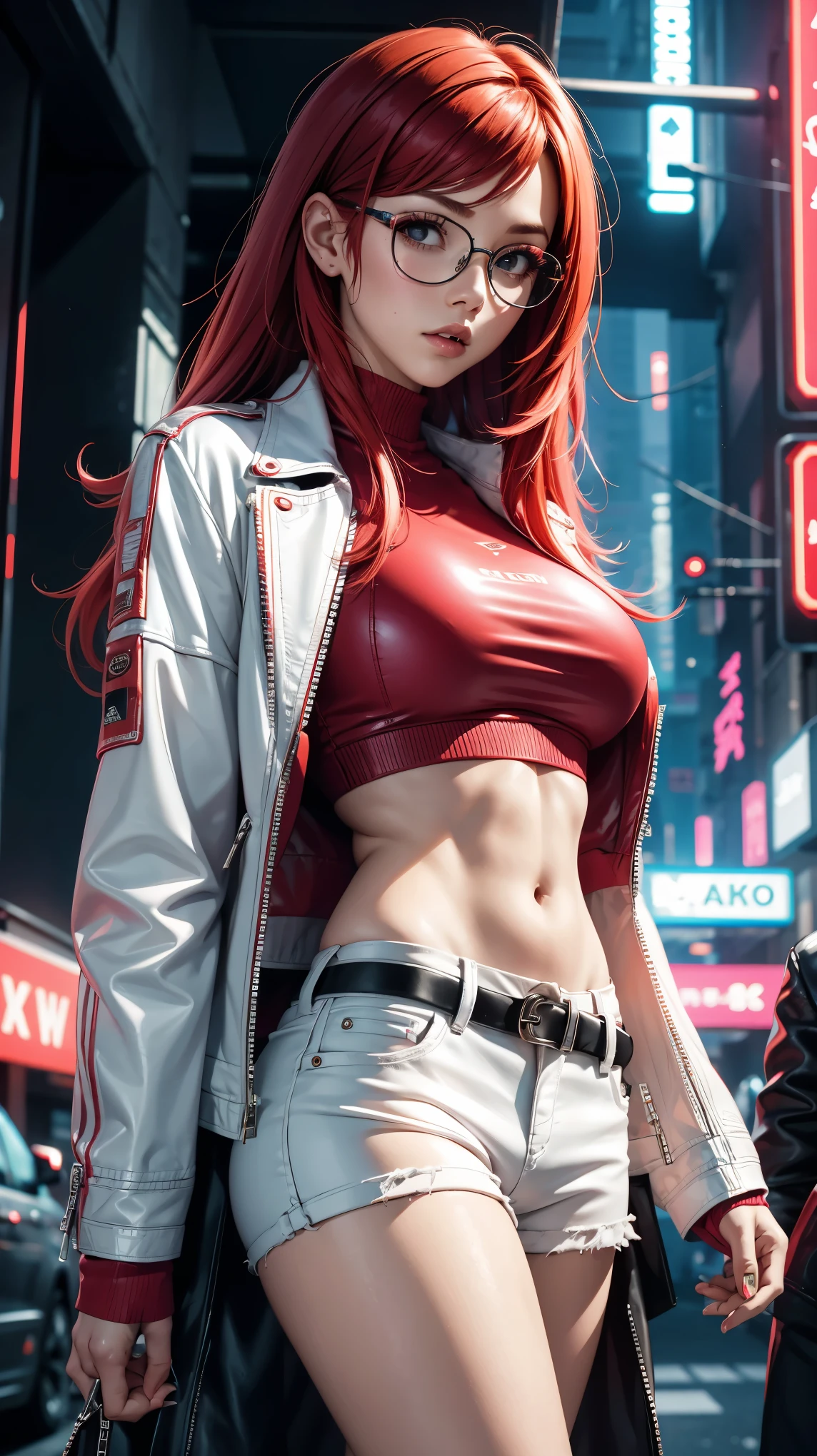 Beautiful woman, dinamic poses, full body, costume red jacket by yoji shinkawa and yohji yamamoto, star eye, blush, perfect illumination, red hair, blue eyes, unreal engine, side lighting, detailed face, bangs, bright skin, simple background, dark background, HD, CGI.