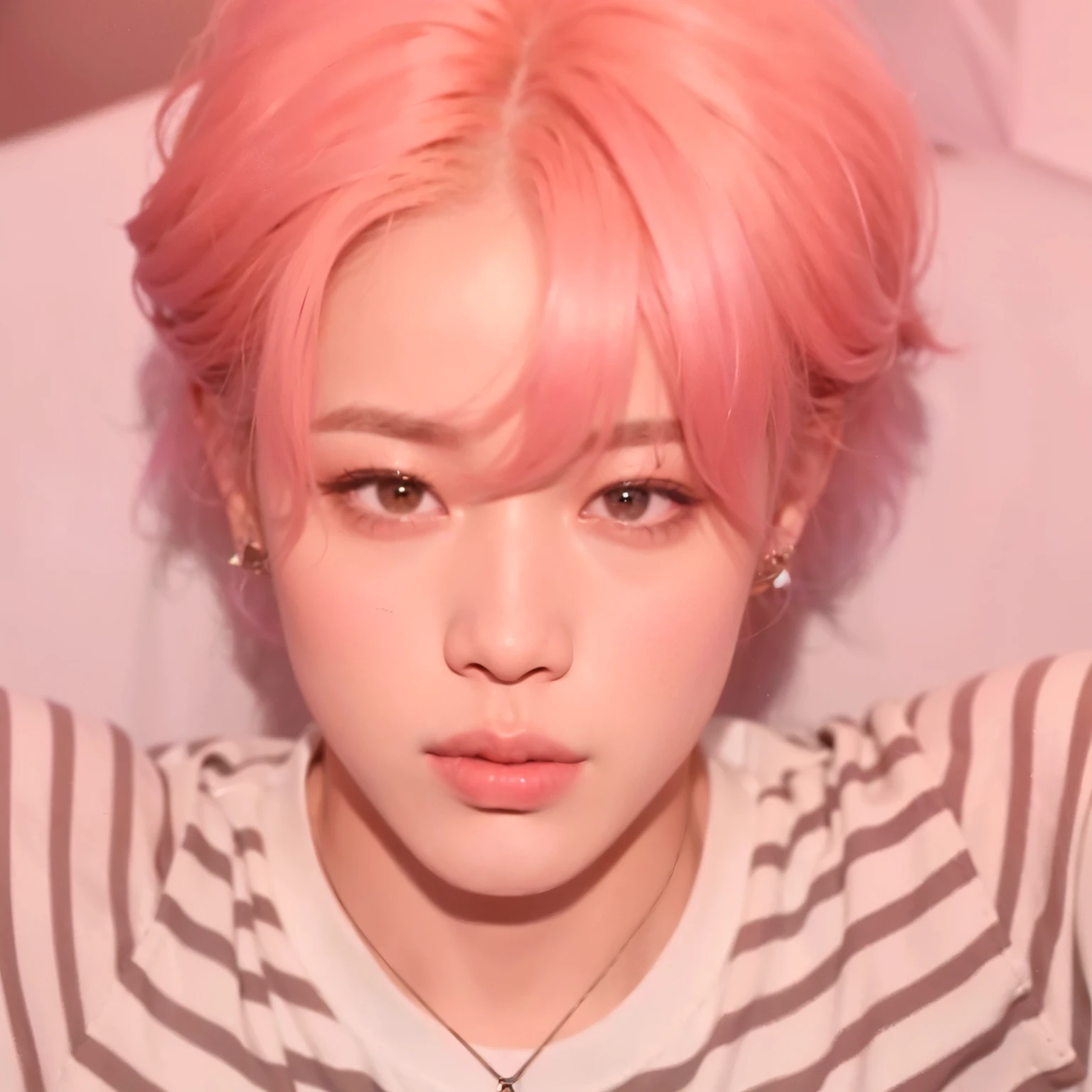 arafed image of a man com cabelo rosa and a striped shirt, Jimin\the full lips, park Jimin, Jimin, portrait of jossi do blackpink, accurate Jimin face, com cabelo rosa, Jimin\the right eyelid is swollen, Kim Doyoung, Jimin\o nariz grego, jossi do blackpink, hyung tae, taejune kim