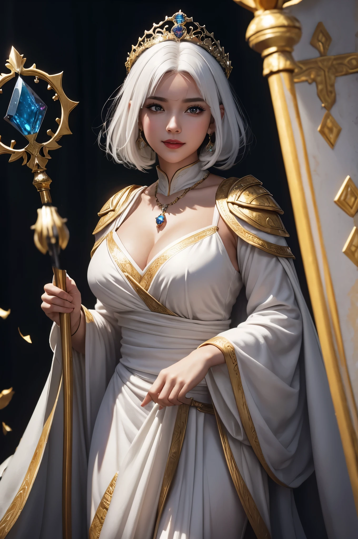 8K,cute thick body,very big breasts,Gray medium bob hair,,Close-up of a cute littte evil god costume holding a divine staff, cute fantasy empress, ((cute fantasy empress)), glamorous.very high detail, extremely detailed , up to the model | types of bacteria, trending on cgstation, Chenwei Pan On Art Station, luxurious black cloak,Super high resolution,super realistic skin,cute expression,fantasy art,laughter(Like the real thing),straight hair,golden eyes,Red Gem Earrings,blue gemstone necklace,luxury white gauntlet,red lipstick,red eyeshadow,evil god makeup,battle scene,action scene,fighting pose,masterpiece,Photorealistic RAW photos of the highest quality。bright colors,rich colors, Backlight, cinematic lighting, film grain, 50mm lens, Nikon D850,beautiful expression,fantasy art,character art,look at the viewer,perspective from above,smile,thick body type,Gray hair medium bob hair,White and gold robe,young girl,pure white medium bob hair,