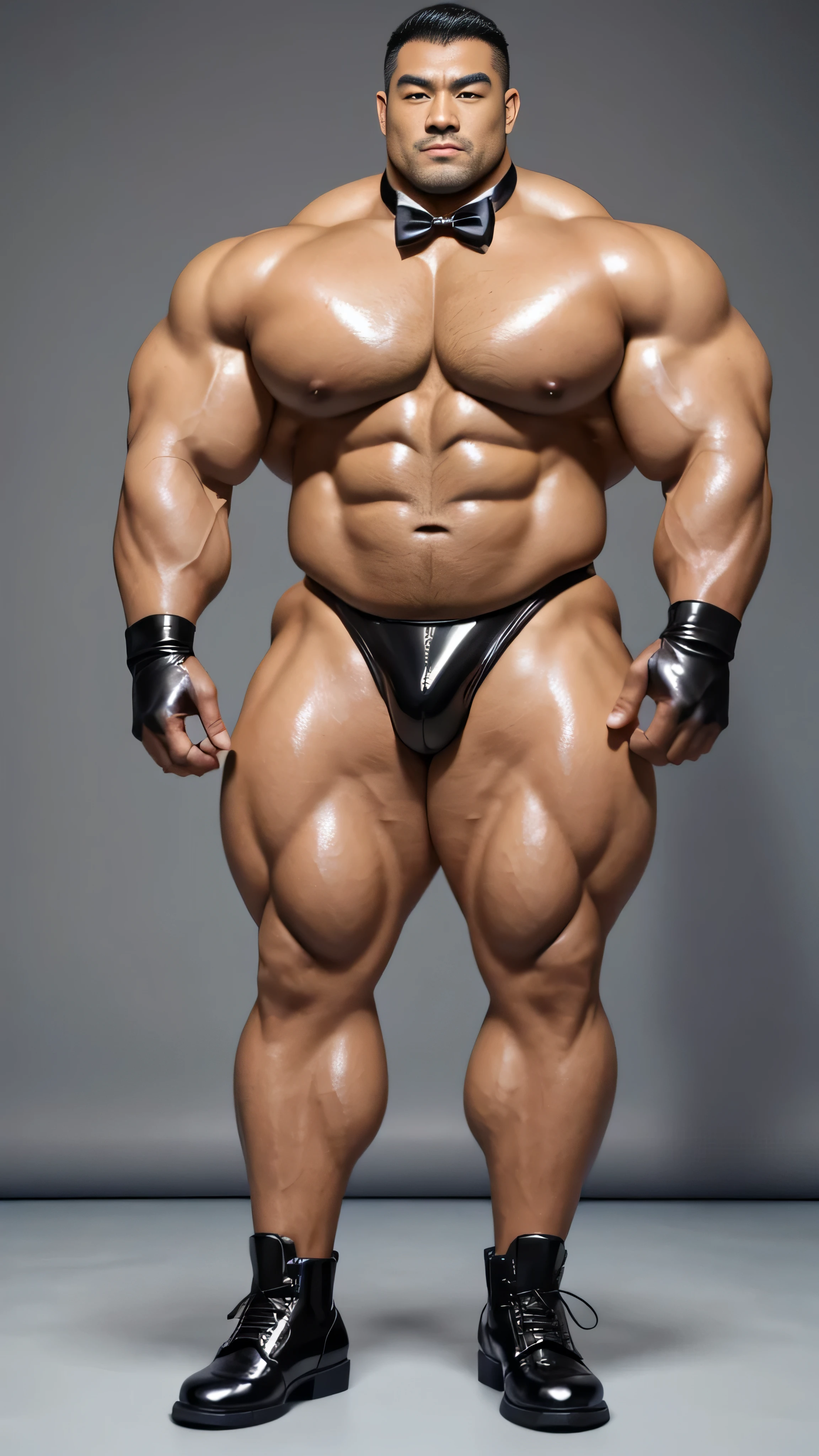 There is only one person in the picture，a chinese bodybuilder，30 years old，Hulk size，High, Strong and handsome，standing in front of gray background board，Paired with glossy black leather bow tie，short hair, O-shaped beard，Perfect body, Dark and shiny complexion，Muscle bulge, muscular, Very big pecs，Very sexy abs，Leg muscles are very developed，High and burly，Huge bumpy area，Brighten oily skin，Black leather shiny leather gloves, Wearing a gold leather shiny thong, Wear black leather shoes to shine，handsome face，detailed facial features, Correct and accurate male anatomy, full-body shot, Large pecs, Wet oil wax gloss for oily muscles and skin，Professional photography。