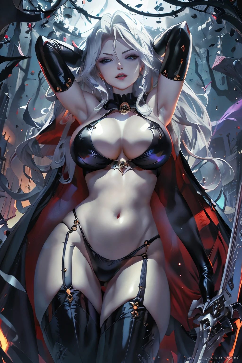 portrait shot of taylabarter kinpatsucosplay, as Lady Death, (masterpiece, best quality, ultra-detailed, highres), perfect face, side lighting, lustrous skin, (bloom), (shine), lighting, ray tracing, gothic, 1girl, solo, makeup, breasts, lipstick, elbow gloves, long hair, gloves, cape, swimsuit, bikini, red lips, navel, thighhighs, white hair, large breasts, cleavage, colored skin, black bikini, black cape, black thighhighs, wavy hair, arms up, signature, skull, blue eyes, black gloves, red cape, lips, thighs, arms behind head, parted lips, garter straps, halterneck, seductive smile, eyeshadow, half-closed eyes, depth_of_field, very detailed background, Dynamic angle, solo, extreme light and shadow, (detailed eyes), (extremely detailed illustrated 8k wallpaper), vivid colors, 