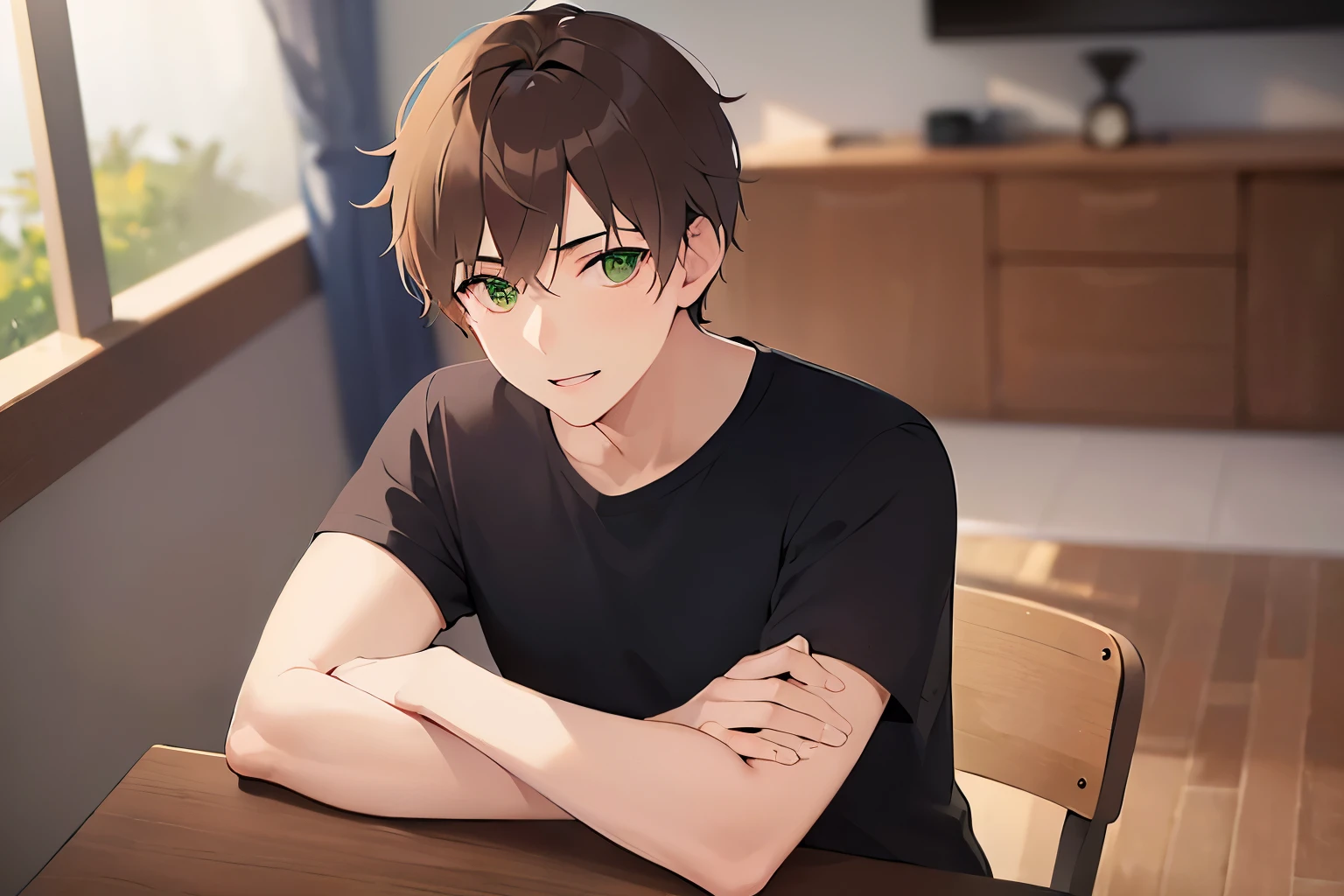 front veiw, high quality、masterpiece、(25 year old man with brown hair and green eyes:1.5), (Wearing a plain black T-shirt)、smile, Alone、The background is the living room、sitting at the dining table
