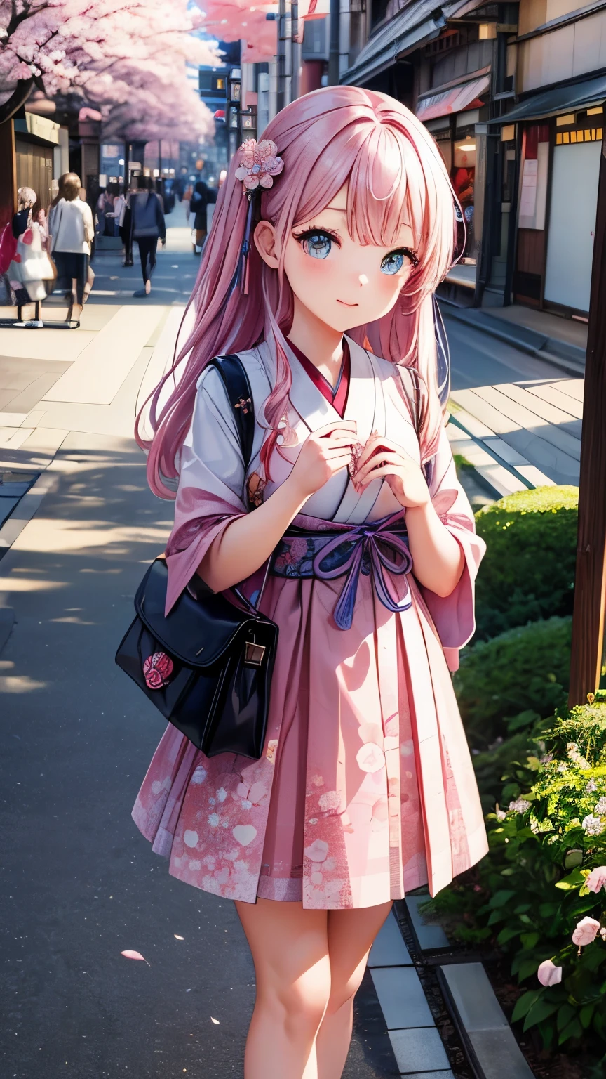 best image quality、1 girl、Tokyo Harajuku with a complex structure composed of ukiyo-e prints、Cherry Blossom