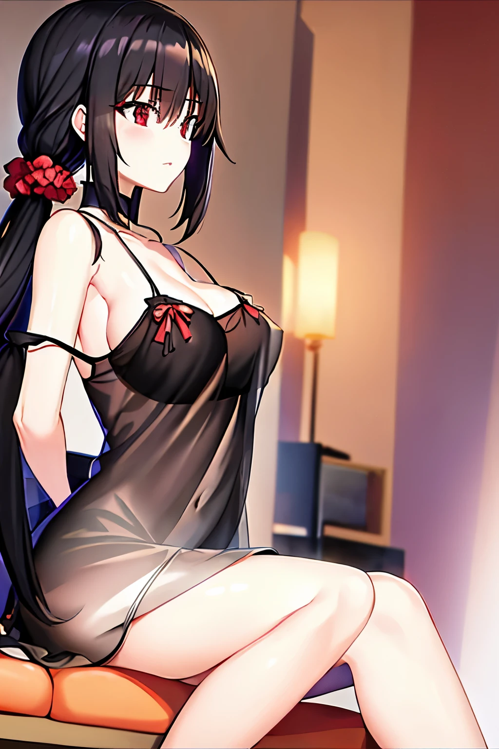 Optimal,masterpiece,High resolution,highest quality,hyper hd,Super detailed,award-winning,16k,alone,(cowboy shot)、cute face,,black hair、long hair、twin tails、 hair line,((scarlet eyes)),long eyelashes,drooping corners of the eyes,Are standing、open your legs、thin legs、white skin,((shoot from the side)), ((See-through camisole:1.5)), ((transparent nipples))、rocket , ((big breasts:1.2)),