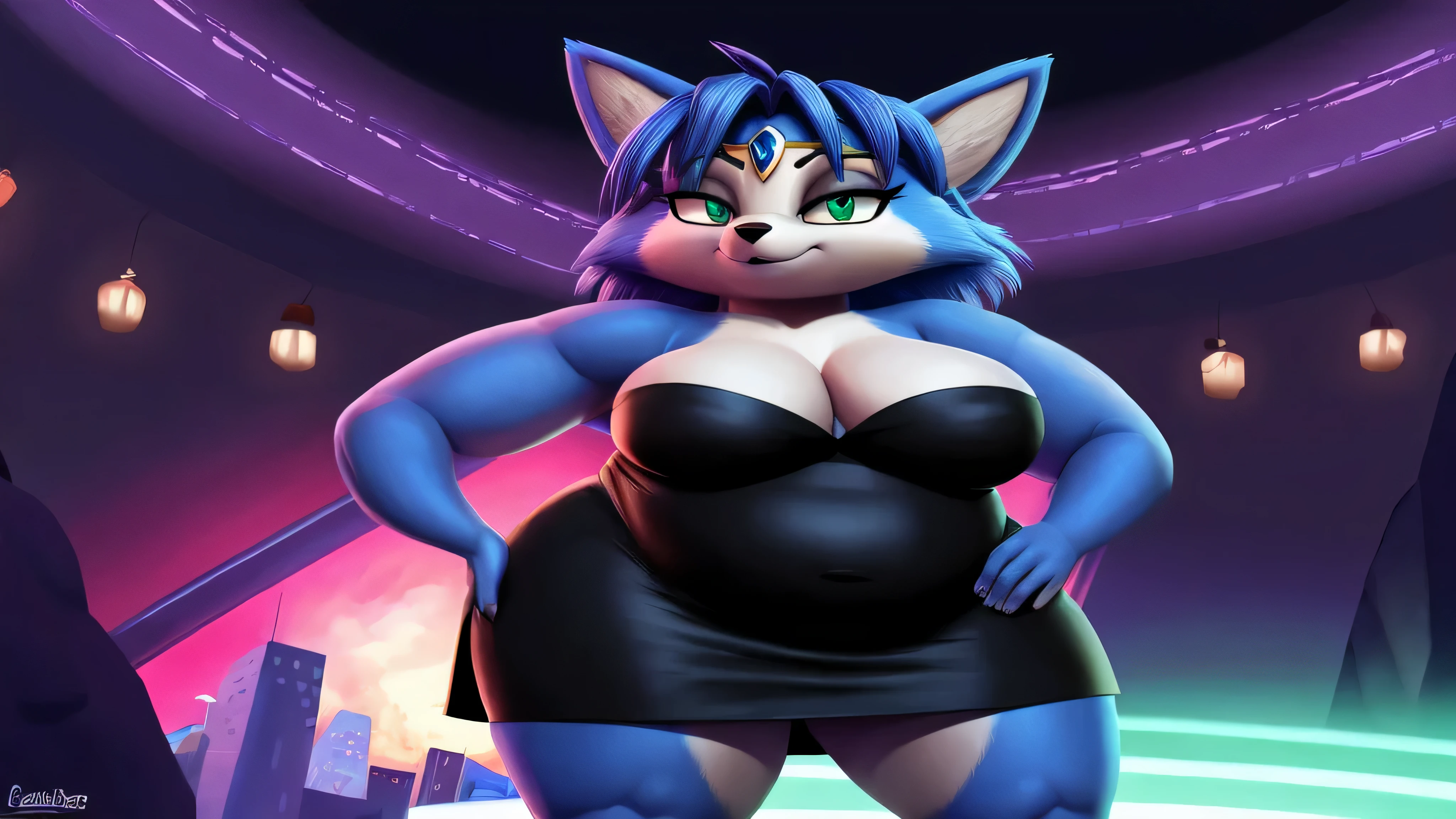Krystal a raposa, Starfox, 2d illustration, 1.2, Sozinho, perspectiva, Medium chest, Ombros nus, sorriso envergonhado, (cauda), totalmente corado, nervoso, olhando para o espectador, olhos verdes, Gargantilha Preta, olhar sedutor, strapless, vestido preto curto, black pencil skirt, Boate, luzes de neon, standing, hands on hips, Curvo, muito gordo, quadris largos, enorme, coxas grossas e macias, muito gordo flabby arms, Realistic lighting, alto detalhe, Rosto detalhado, sombreamento realista, rolos de gordura, tamanho enorme, seios gigantescos e enormes transbordando de gordura, decote enorme, pesado, mais tamanho, everything is fat, textura macia, lindos olhos grandes, semi-realista, dynamic angle, pattern clothes, muito gordo, SSBBW, fat arms, very fat, IMMOBILE, 800 pounds of weight.